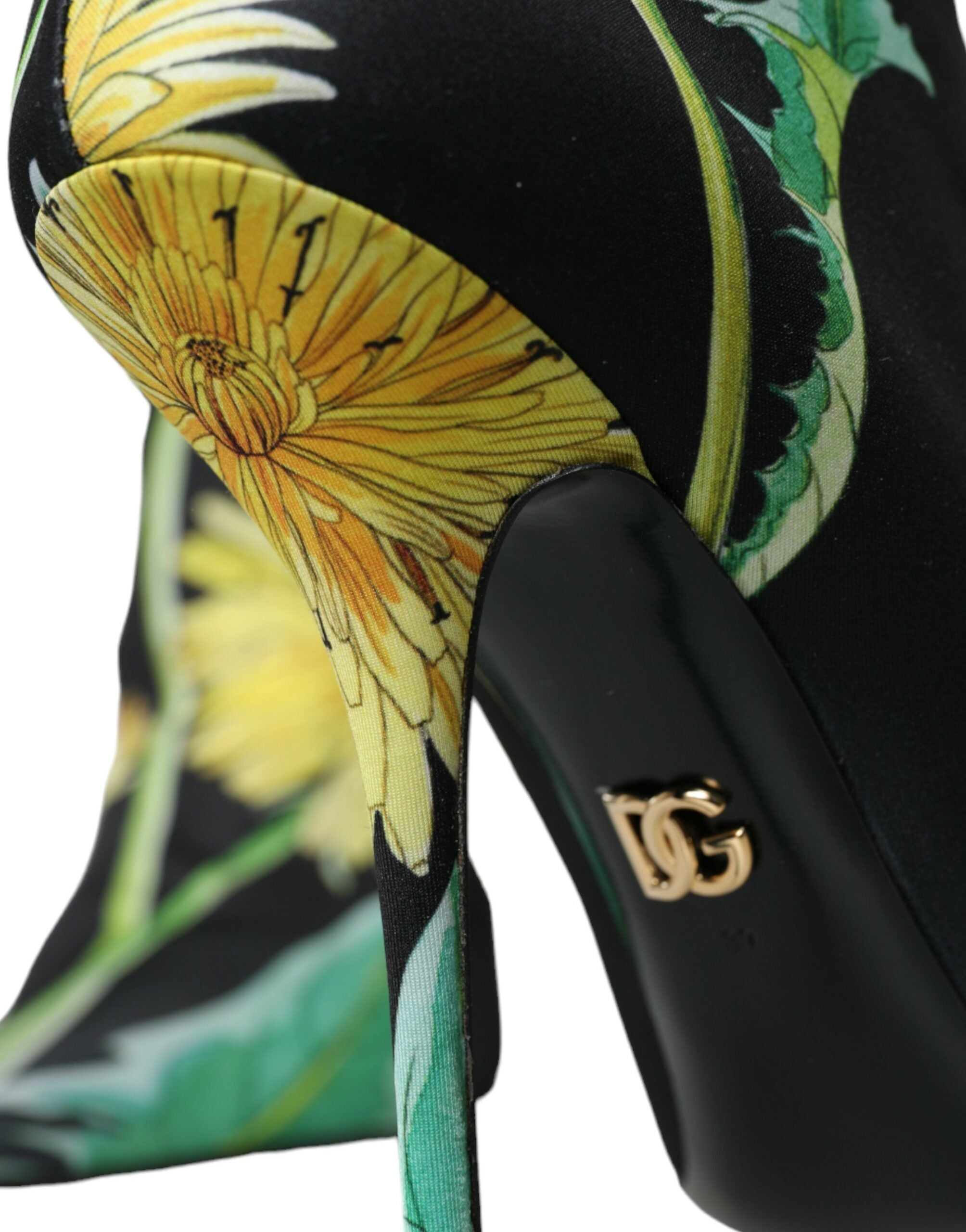 Chaussures ankle Dolce & Gabbana en jersey stretch noir avec motif floral, style élégant et moderne.