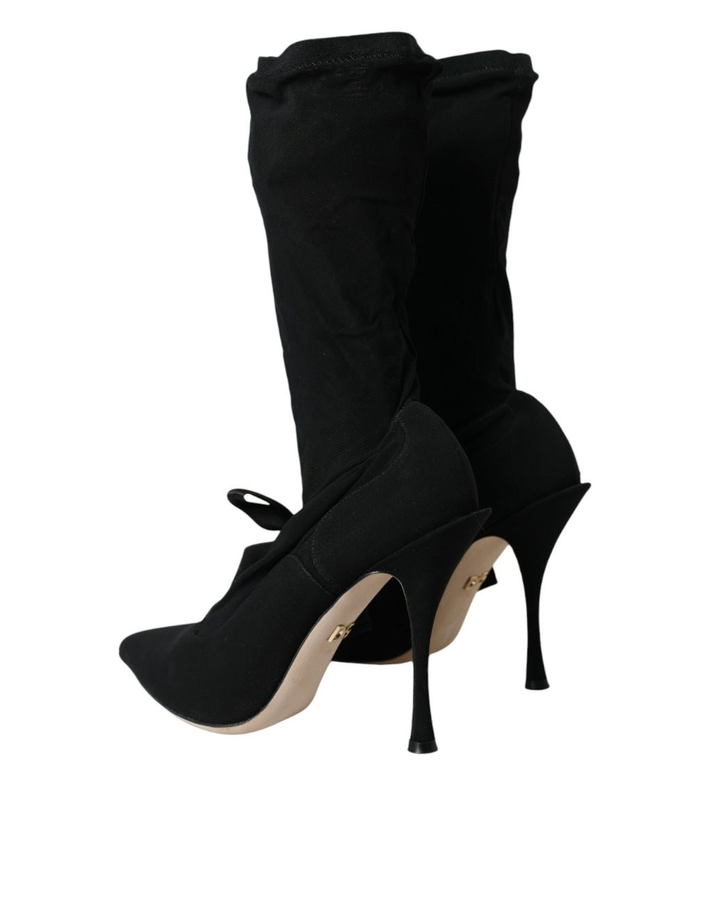 Chaussures Dolce & Gabbana, bottines noires à talons stilettos et mi-mollet, style élégant et sophistiqué.