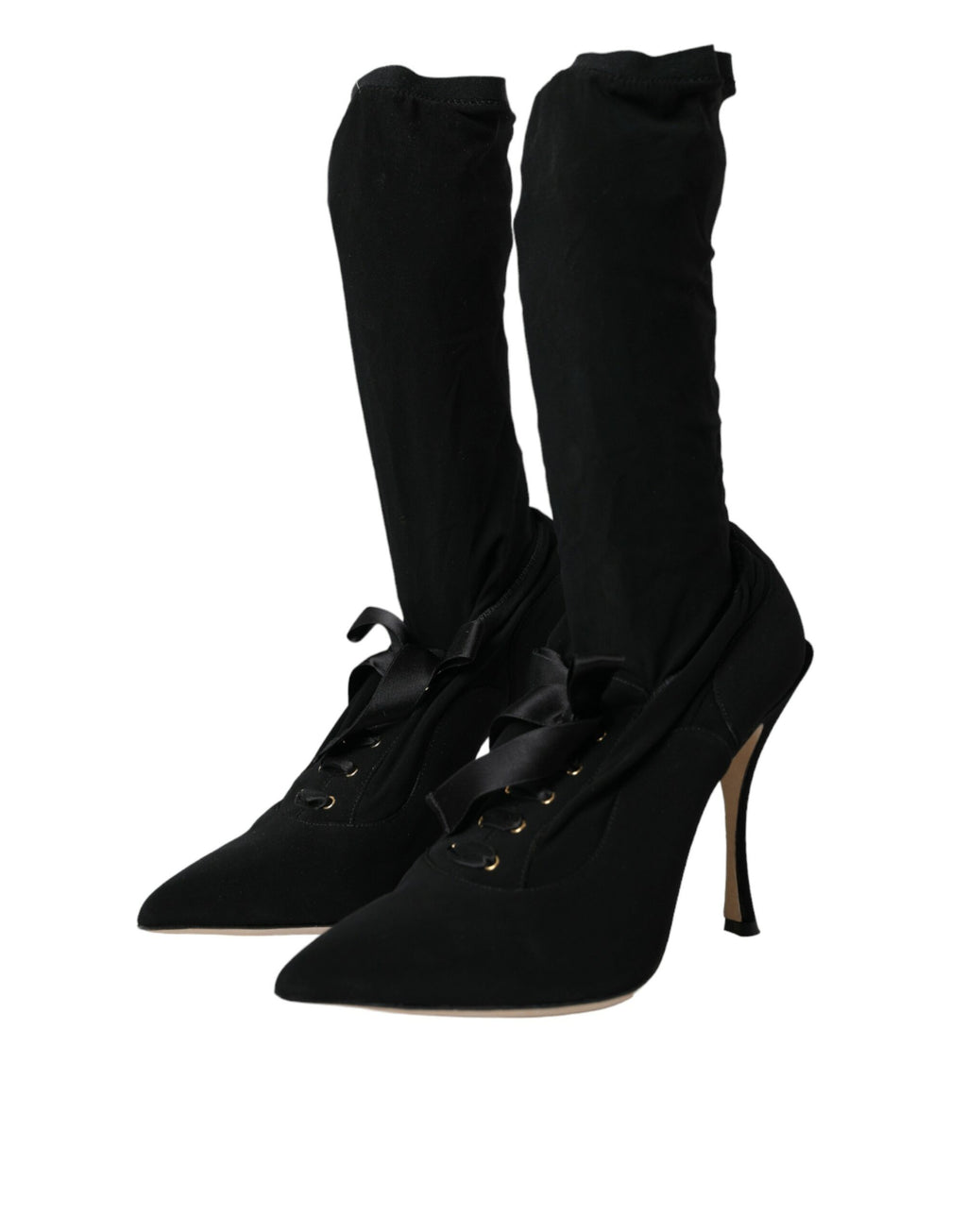 Chaussures à talons stilettos noirs Dolce & Gabbana, bottines mi-mollet élégantes en cuir avec talons hauts.