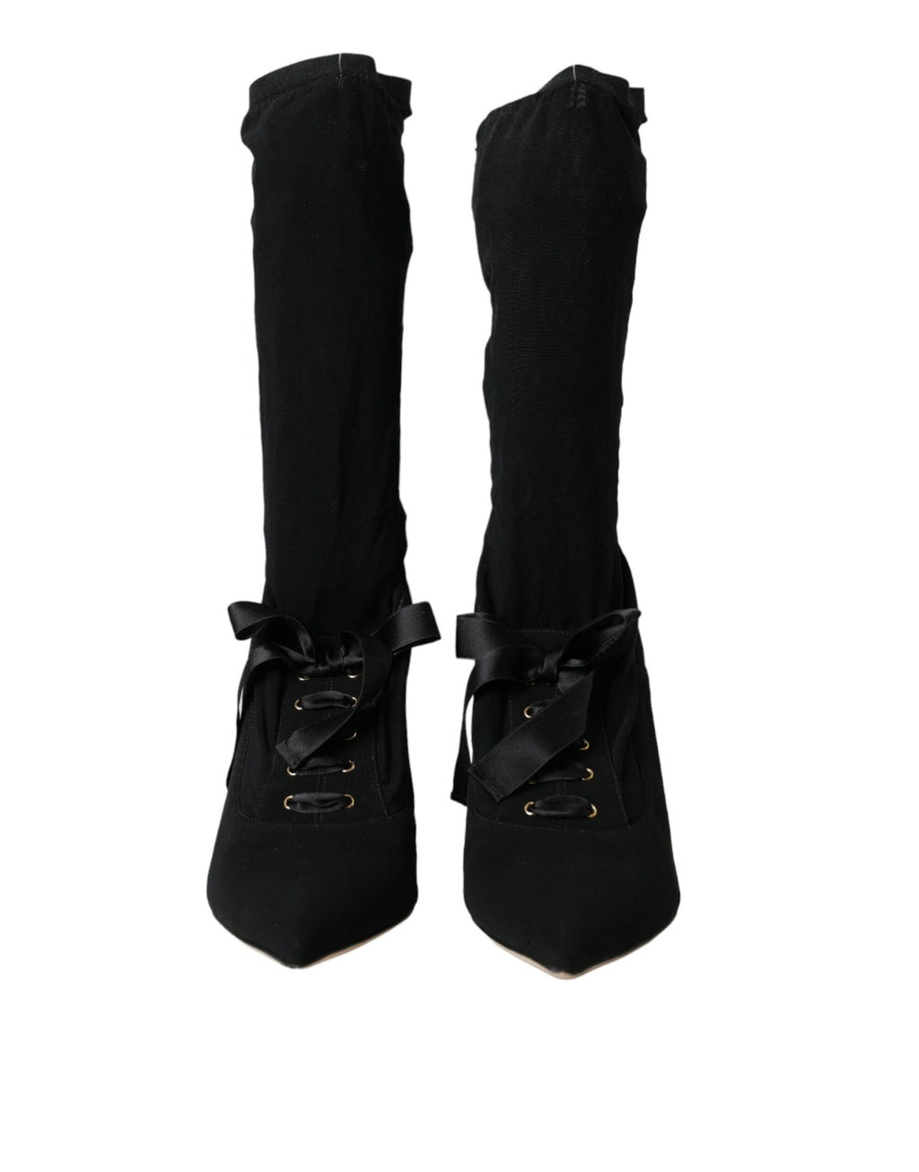Chaussures Dolce & Gabbana, bottines noires à talons stilettos et mi-mollet, élégantes et sophistiquées.