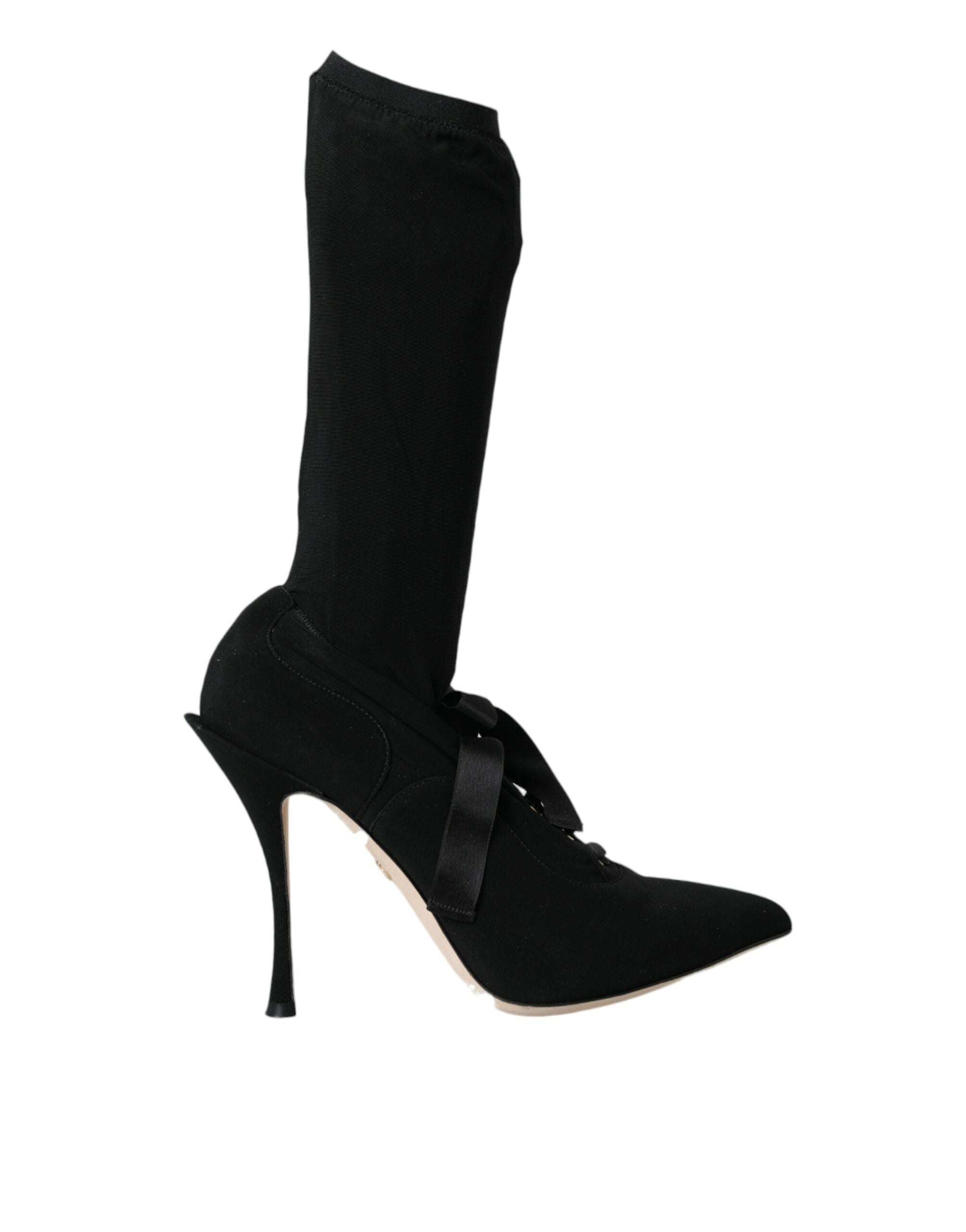 Chaussures à talons stilettos noirs Dolce & Gabbana, bottines mi-mollet en cuir élégantes et sophistiquées.