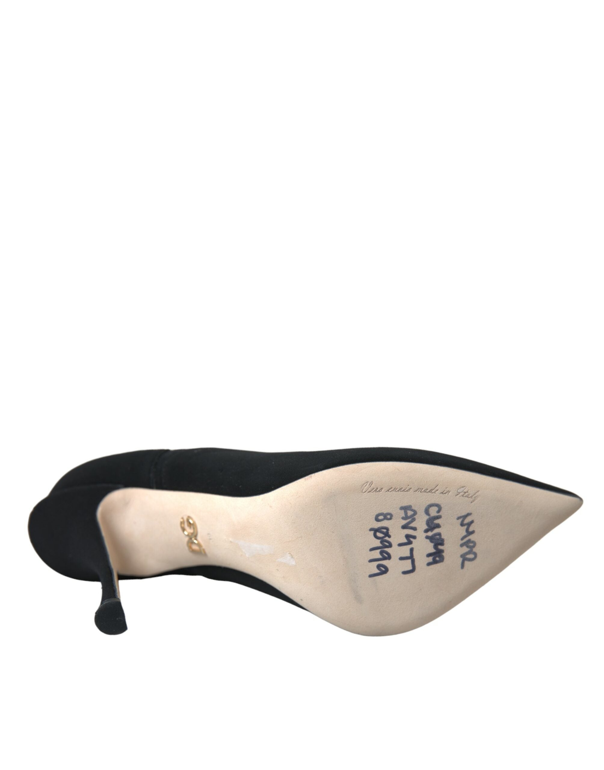 Chaussures Dolce & Gabbana, bottines à talons aiguilles noirs, mi-mollet, en cuir, élégantes et sophistiquées.