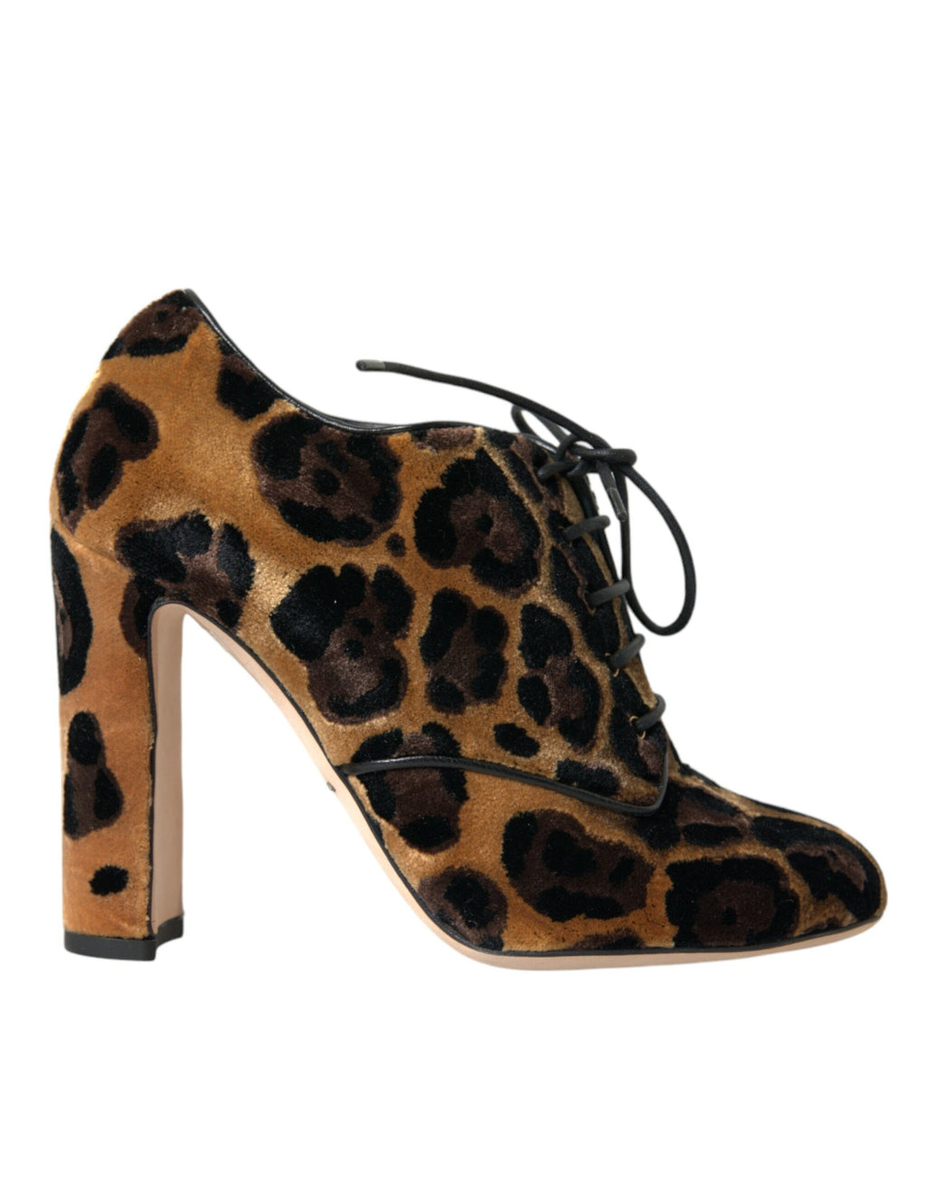 Chaussures Dolce & Gabbana, bottines en daim marron à motif léopard, lacets, style élégant et tendance.