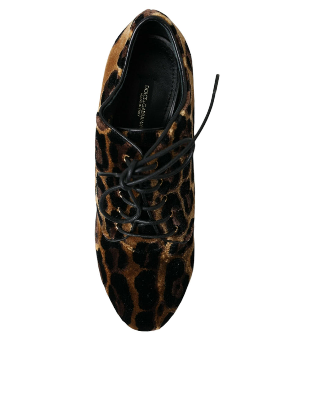 Chaussures Dolce & Gabbana en cuir marron à motif léopard, bottines à lacets avec détails en dentelle.
