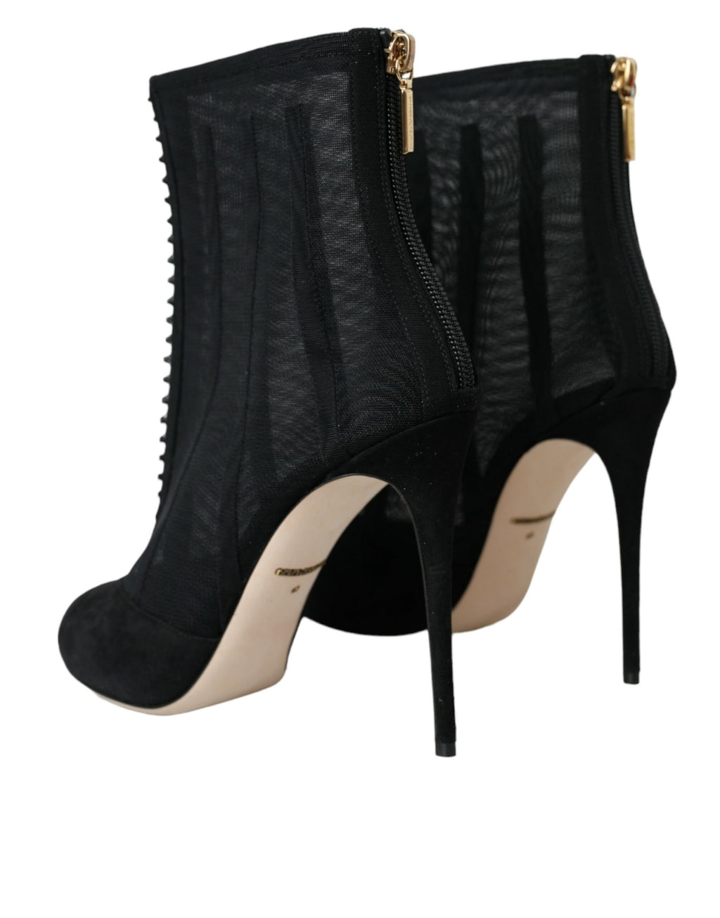 Chaussures Dolce & Gabbana, bottines à talons aiguilles en résille noire et semelle en cuir, style élégant et sophistiqué.