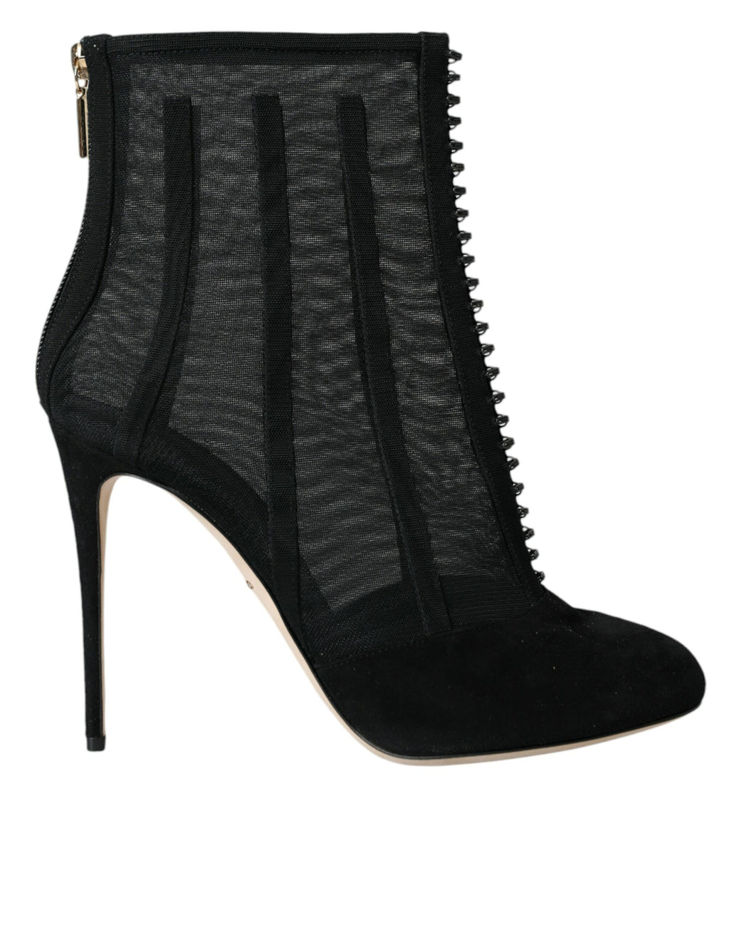 Chaussures Dolce & Gabbana, bottines à talons aiguilles en mesh noir, style élégant et moderne, vue de face.