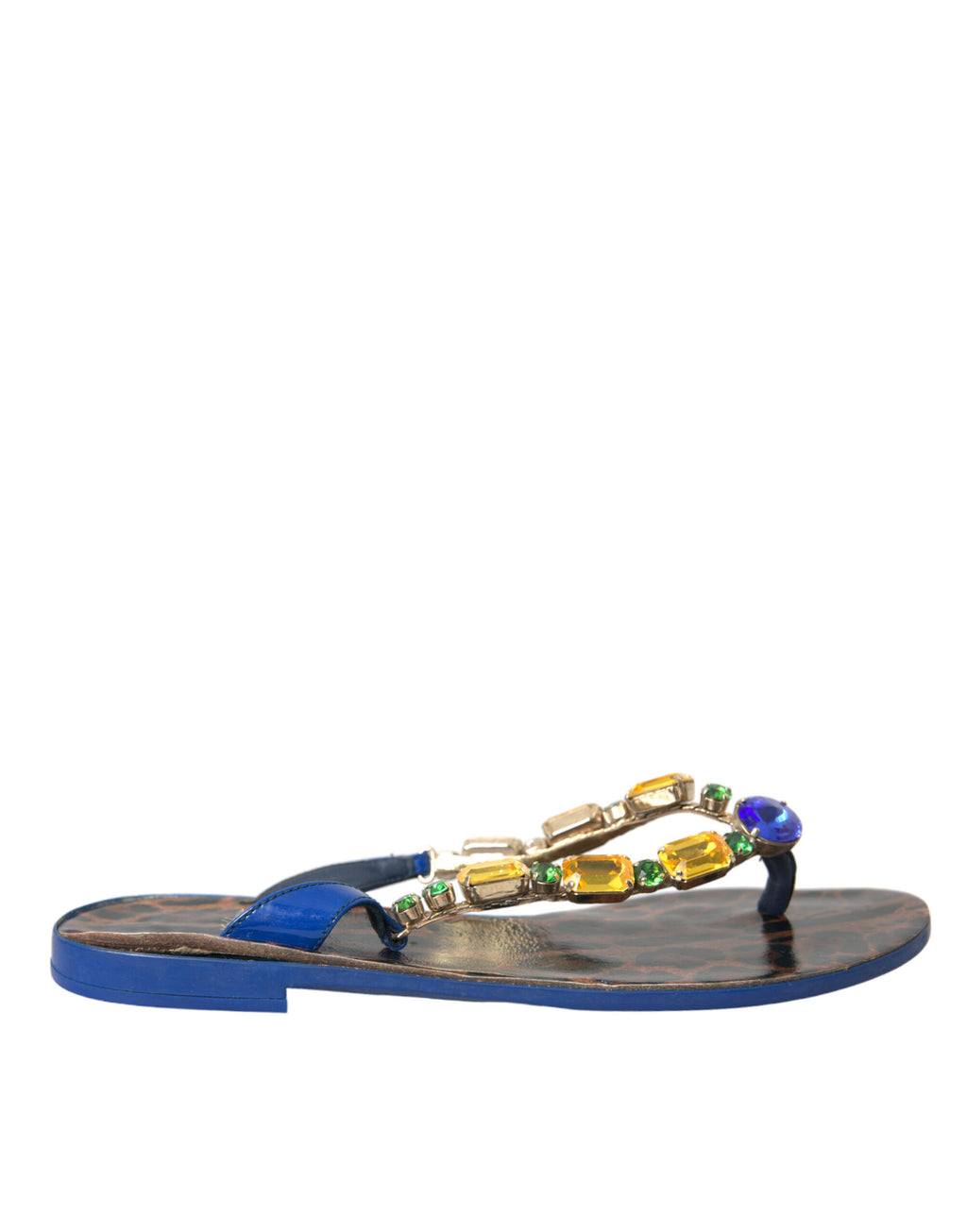 Chaussures de plage Dolce & Gabbana en cuir de veau bleu avec cristaux, design élégant et sophistiqué.