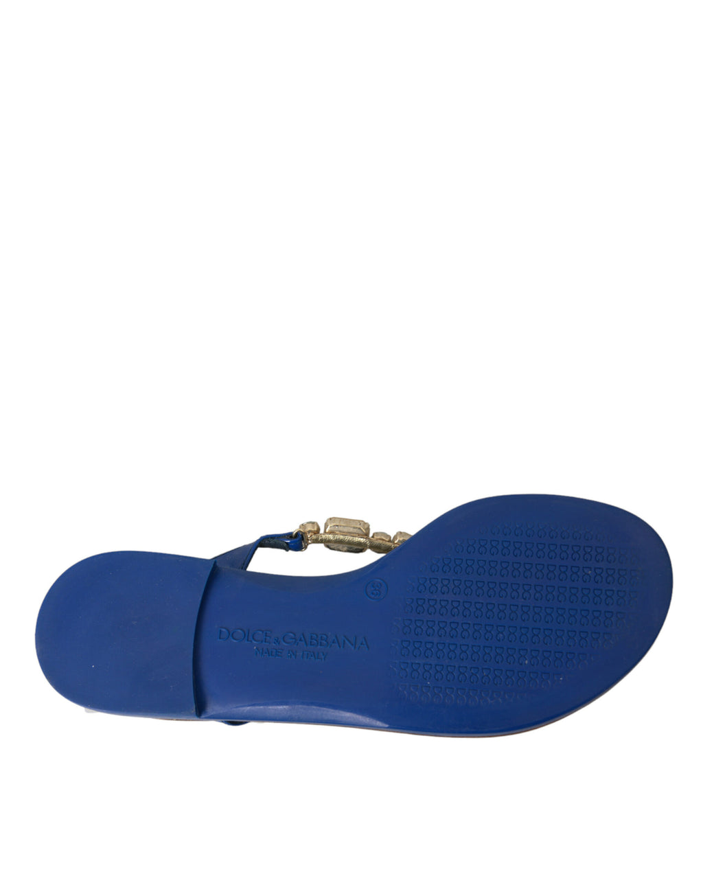Chaussures de plage en cuir de veau bleues avec cristaux de Dolce & Gabbana, style élégant et sophistiqué.