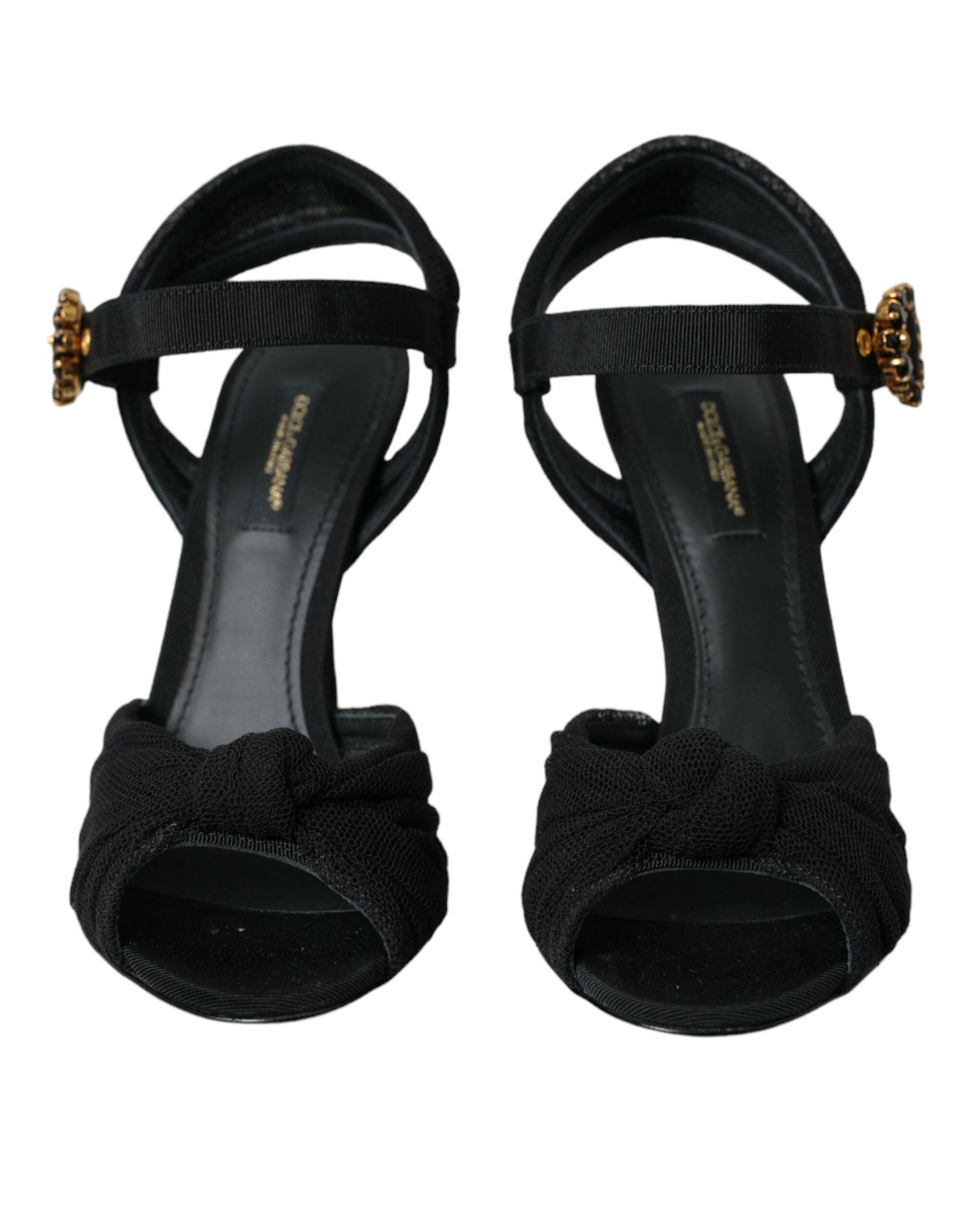 Sandales à talons en daim noir Dolce & Gabbana avec embellissements, chaussures élégantes pour femmes.