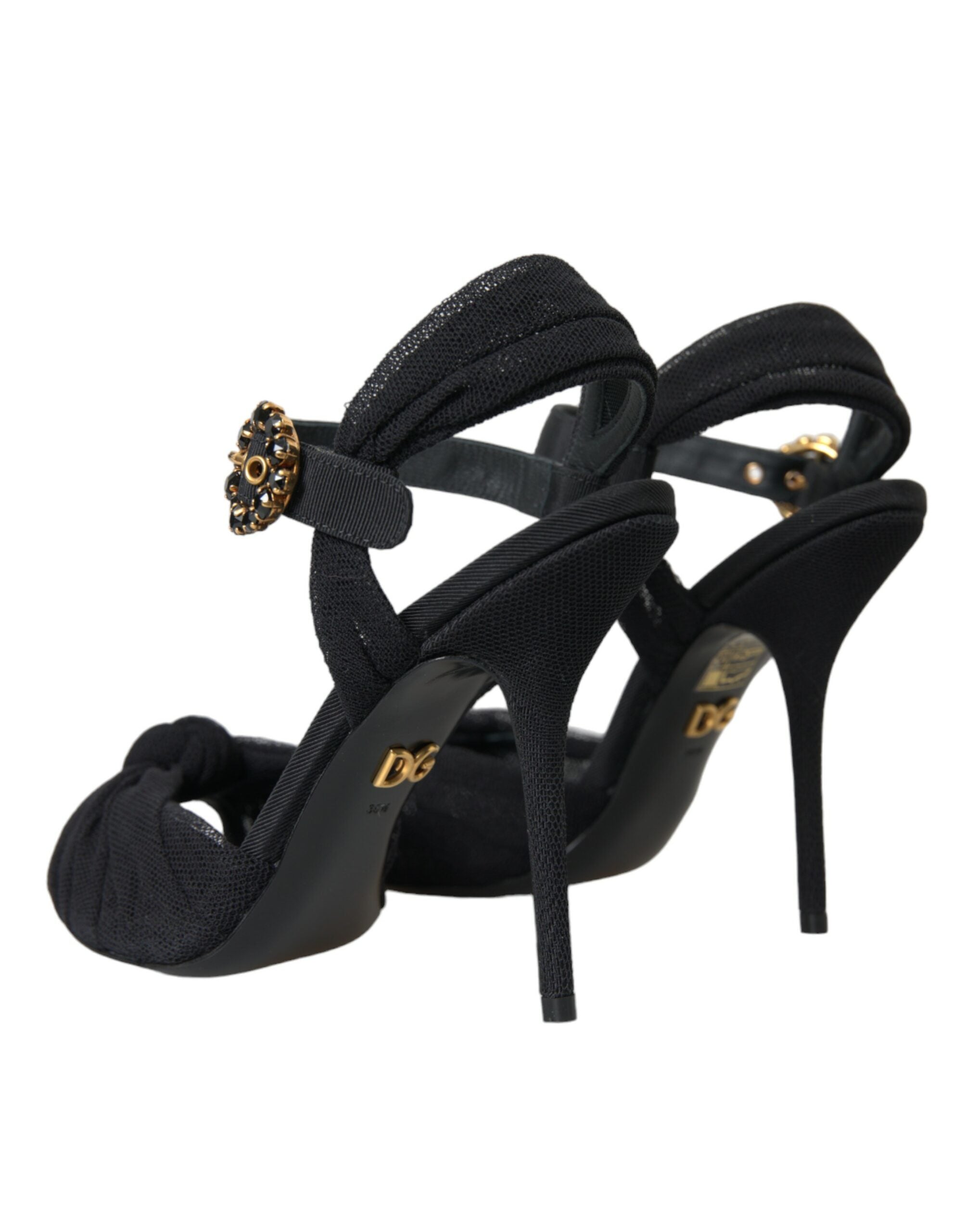 Sandales à talons noires en daim Dolce & Gabbana avec embellissements élégants, talons hauts et design sophistiqué.