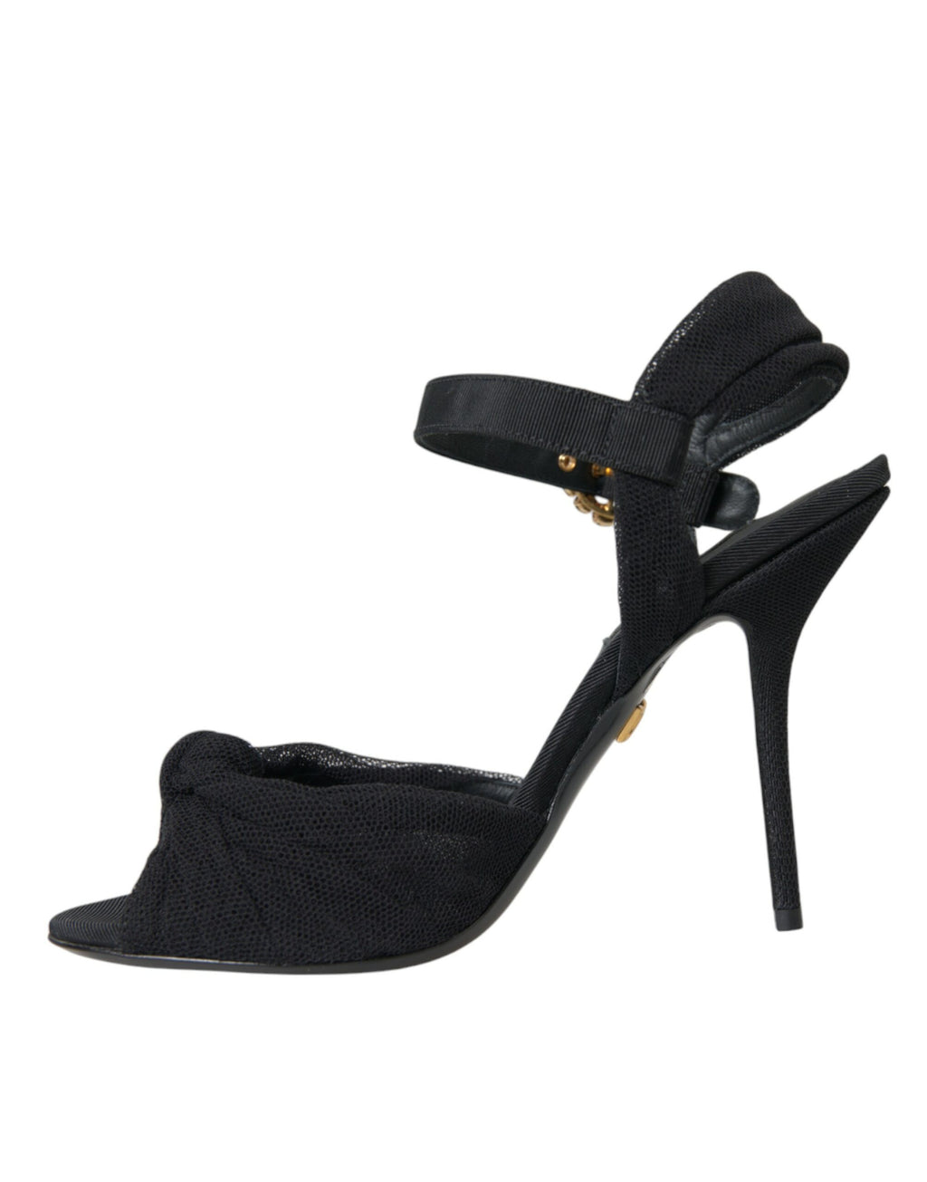 Sandales à talons noires Dolce & Gabbana en daim avec embellissements, vue de face.