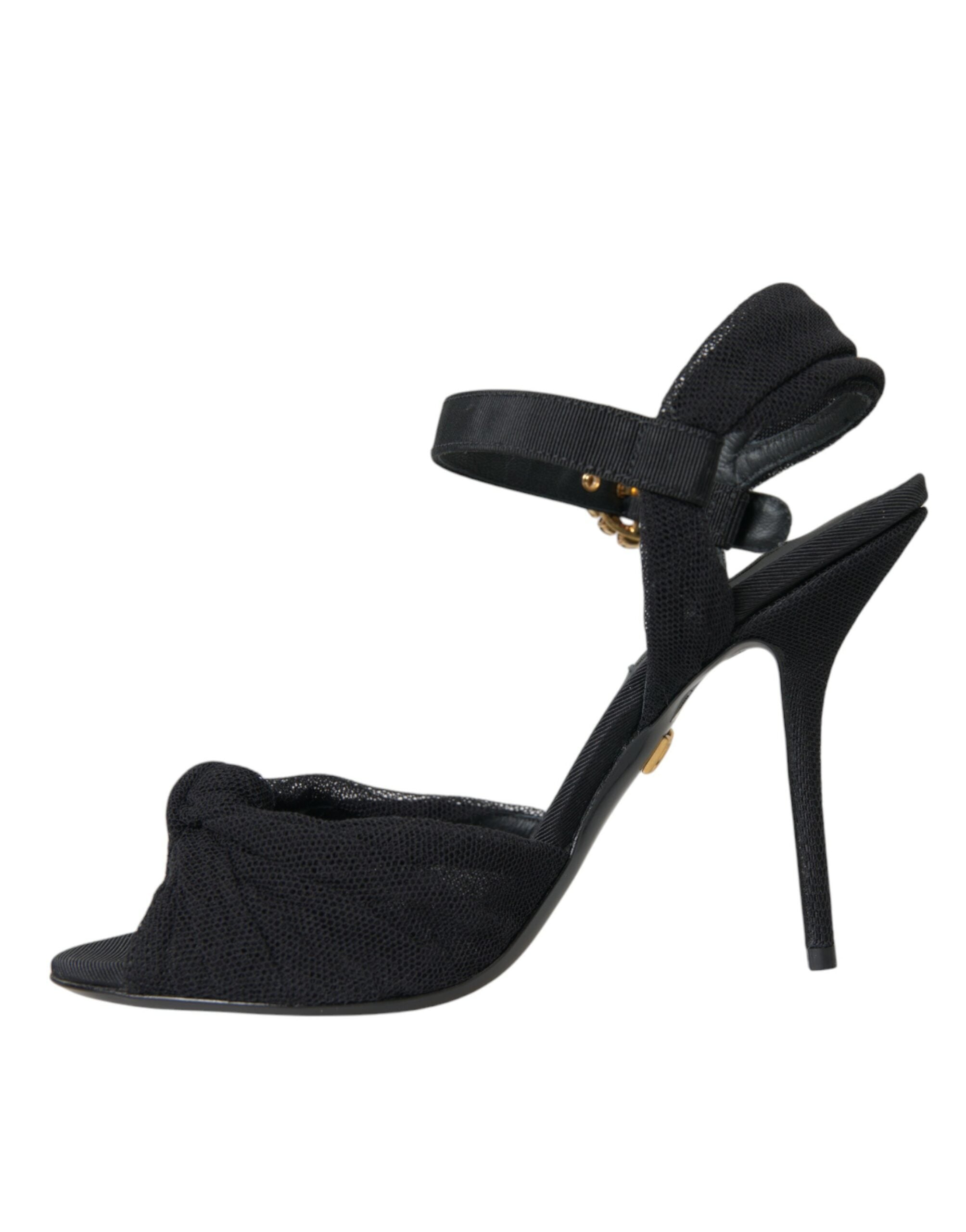 Sandales à talons noires Dolce & Gabbana en daim avec embellissements, vue de face.