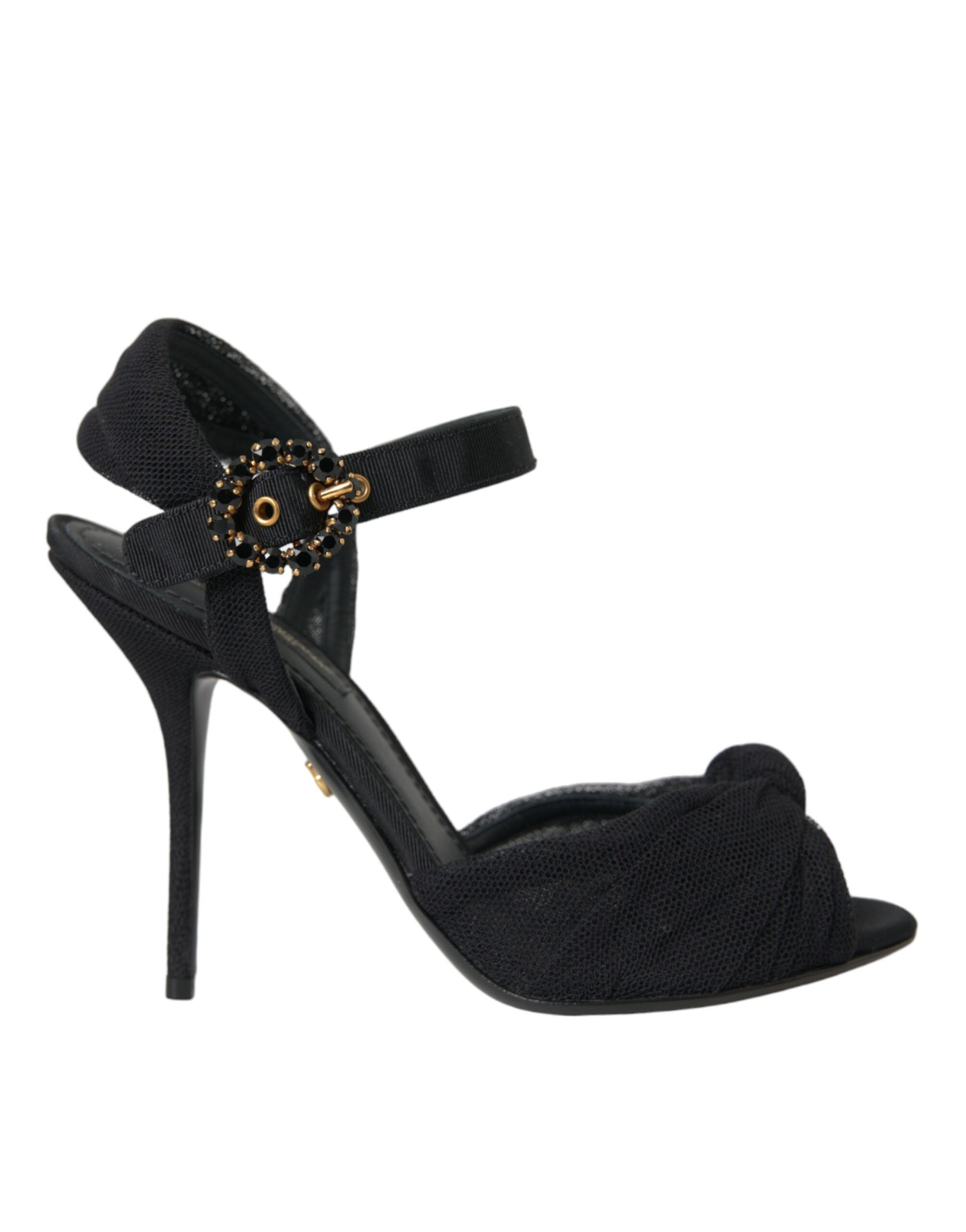 Sandales Dolce & Gabbana en daim noir avec embellissements, talons élégants et design sophistiqué.