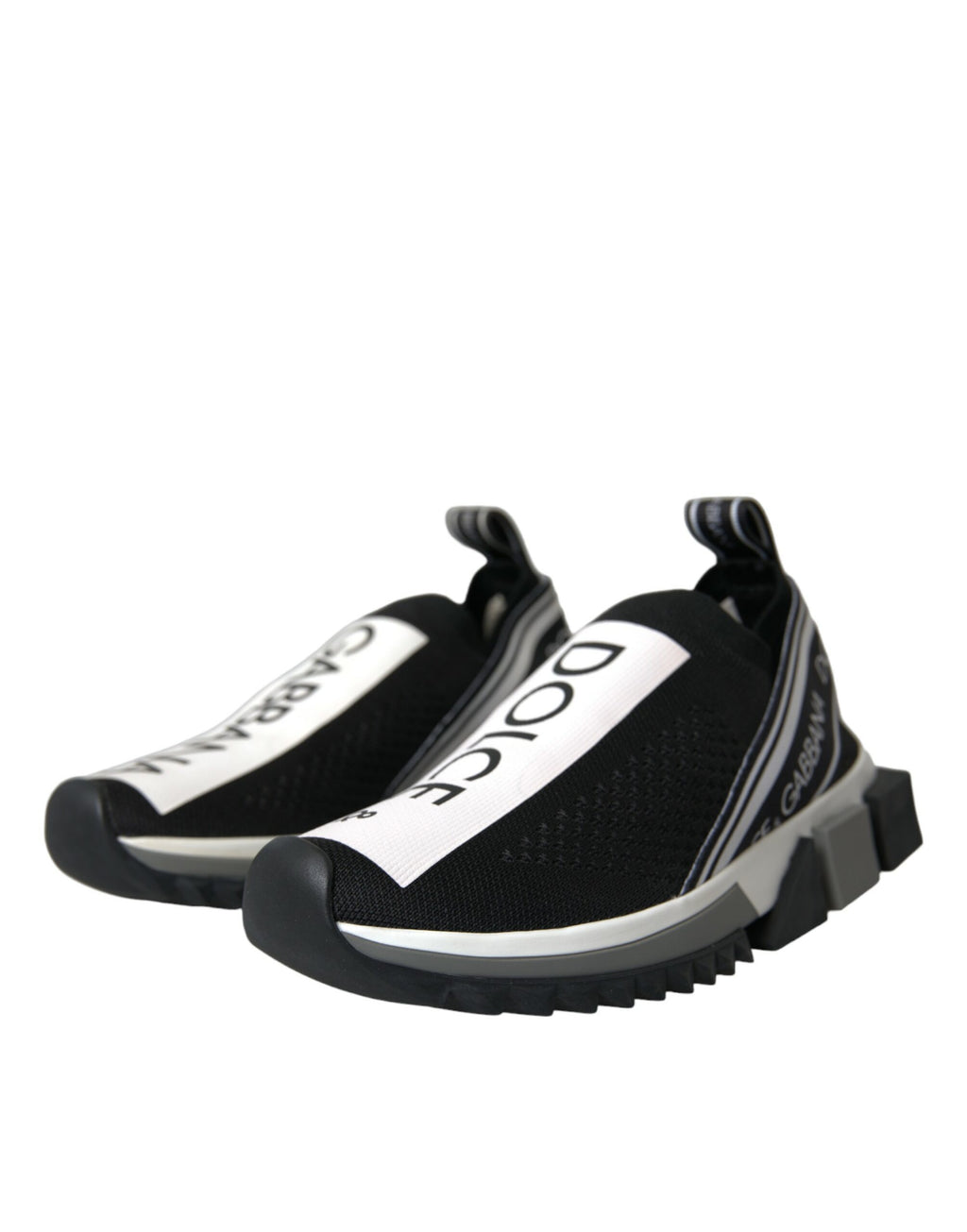 Chaussures sneakers Dolce & Gabbana Sorrento noires et blanches, style slip-on, vues de l'avant sur fond blanc.
