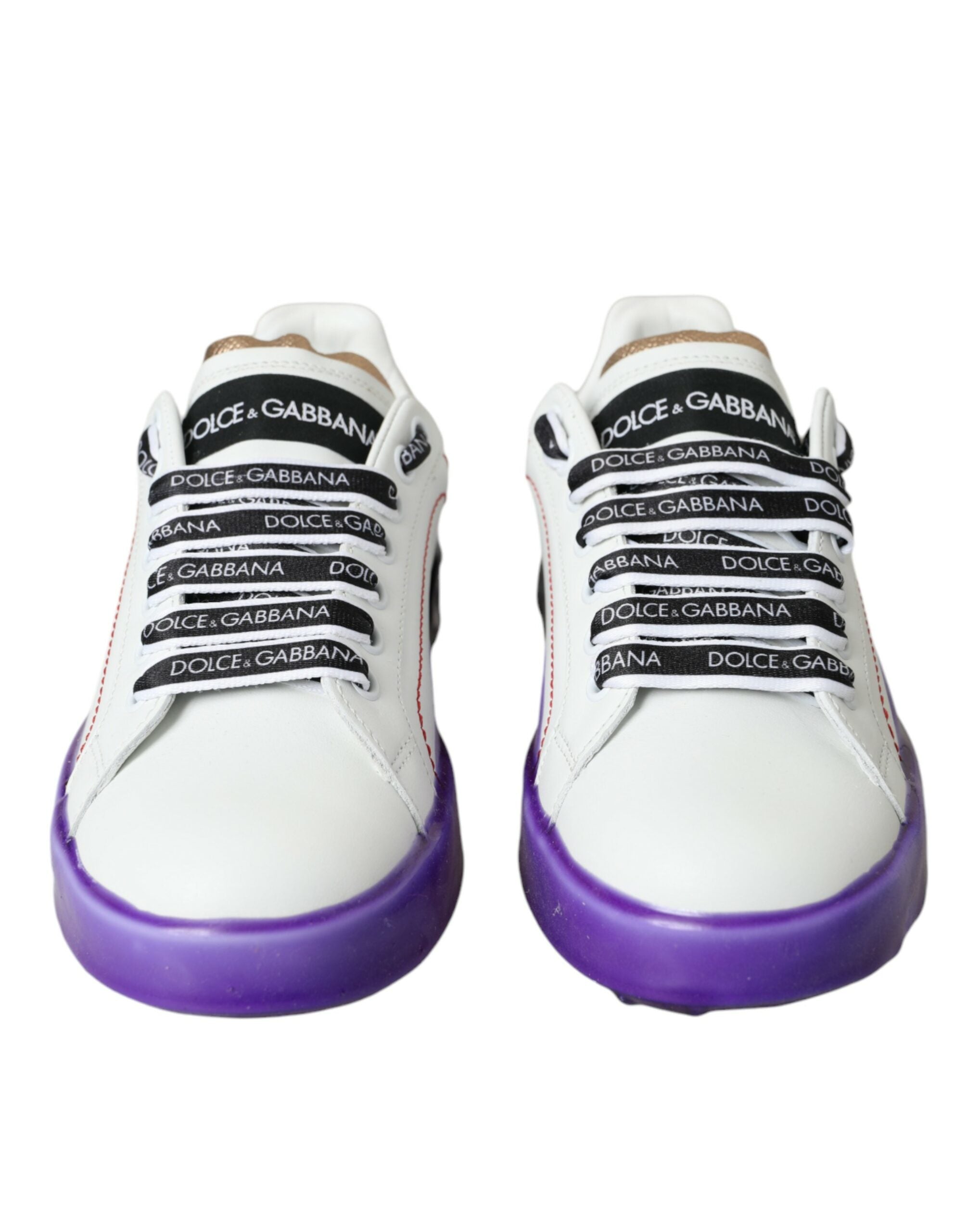 Chaussures sneakers basses en cuir blanc Dolce & Gabbana Portofino, vue de face montrant le design élégant.