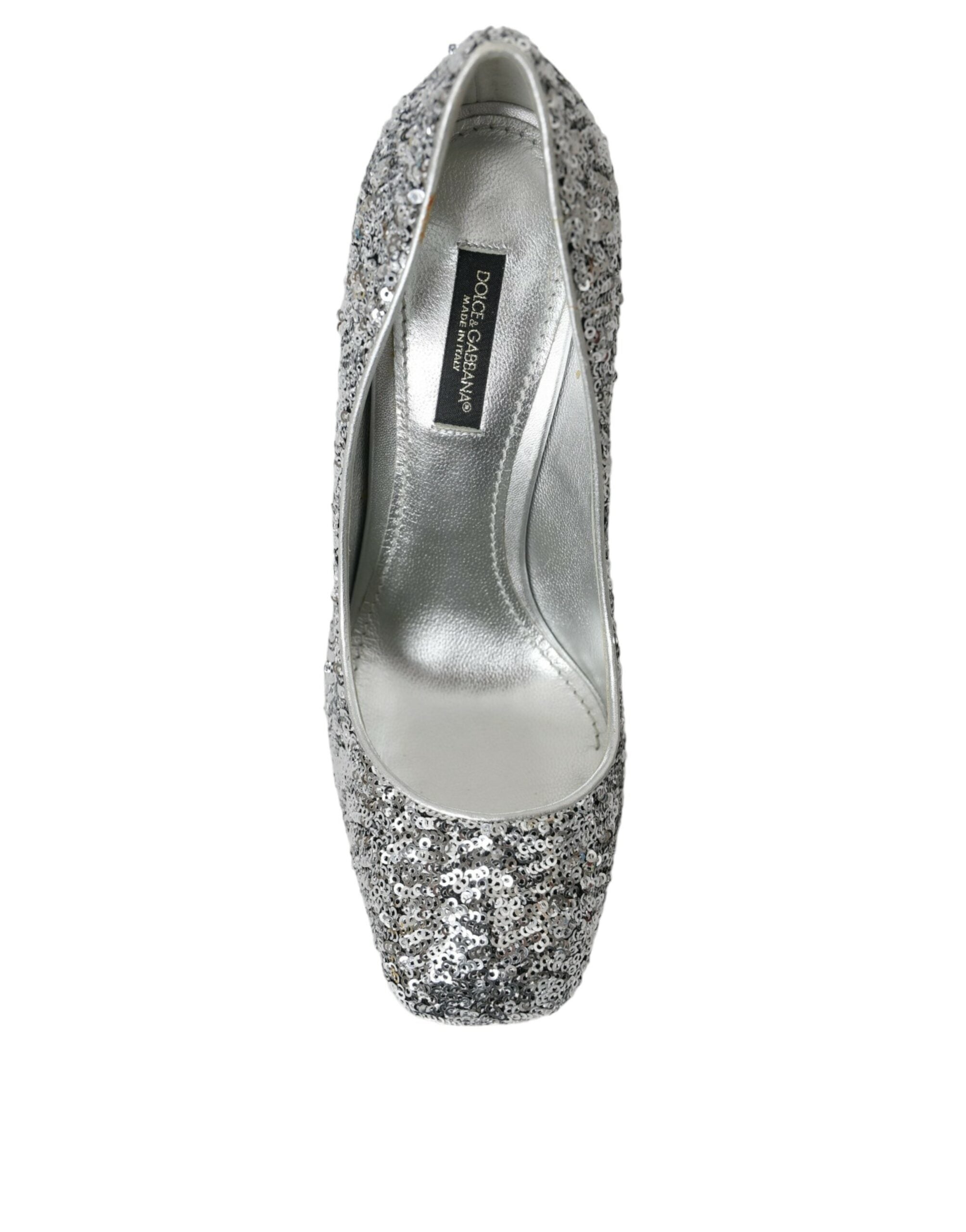 Chaussures à talons Dolce & Gabbana en sequins argentés et embellissements, pumps élégants en cuir pour femme.