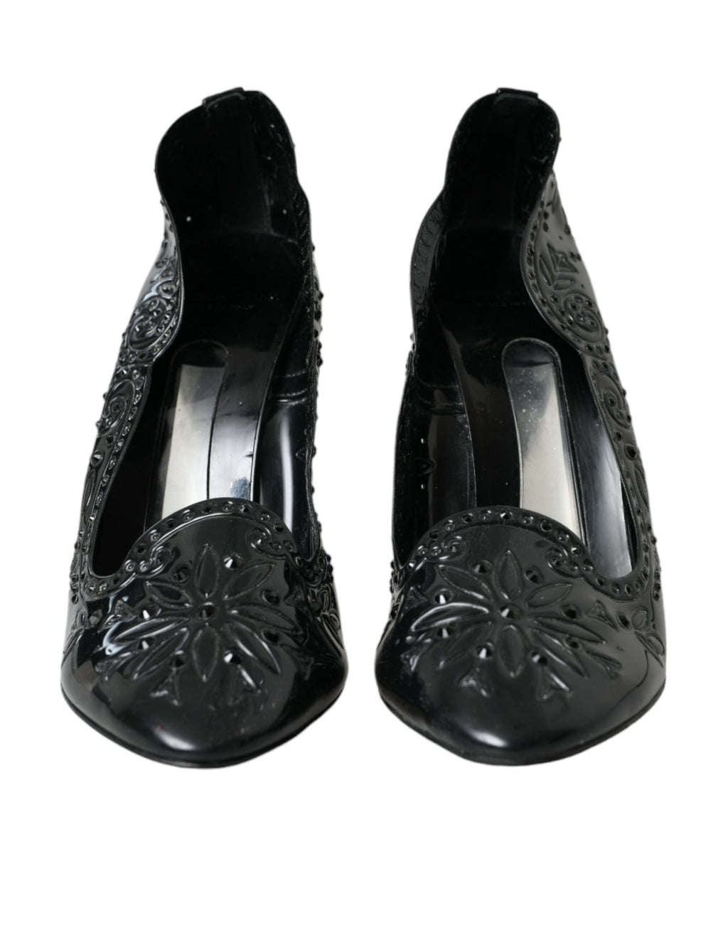Chaussures à talons noires Dolce & Gabbana Cinderella avec cristaux scintillants, chaussures élégantes en cuir et talons hauts.