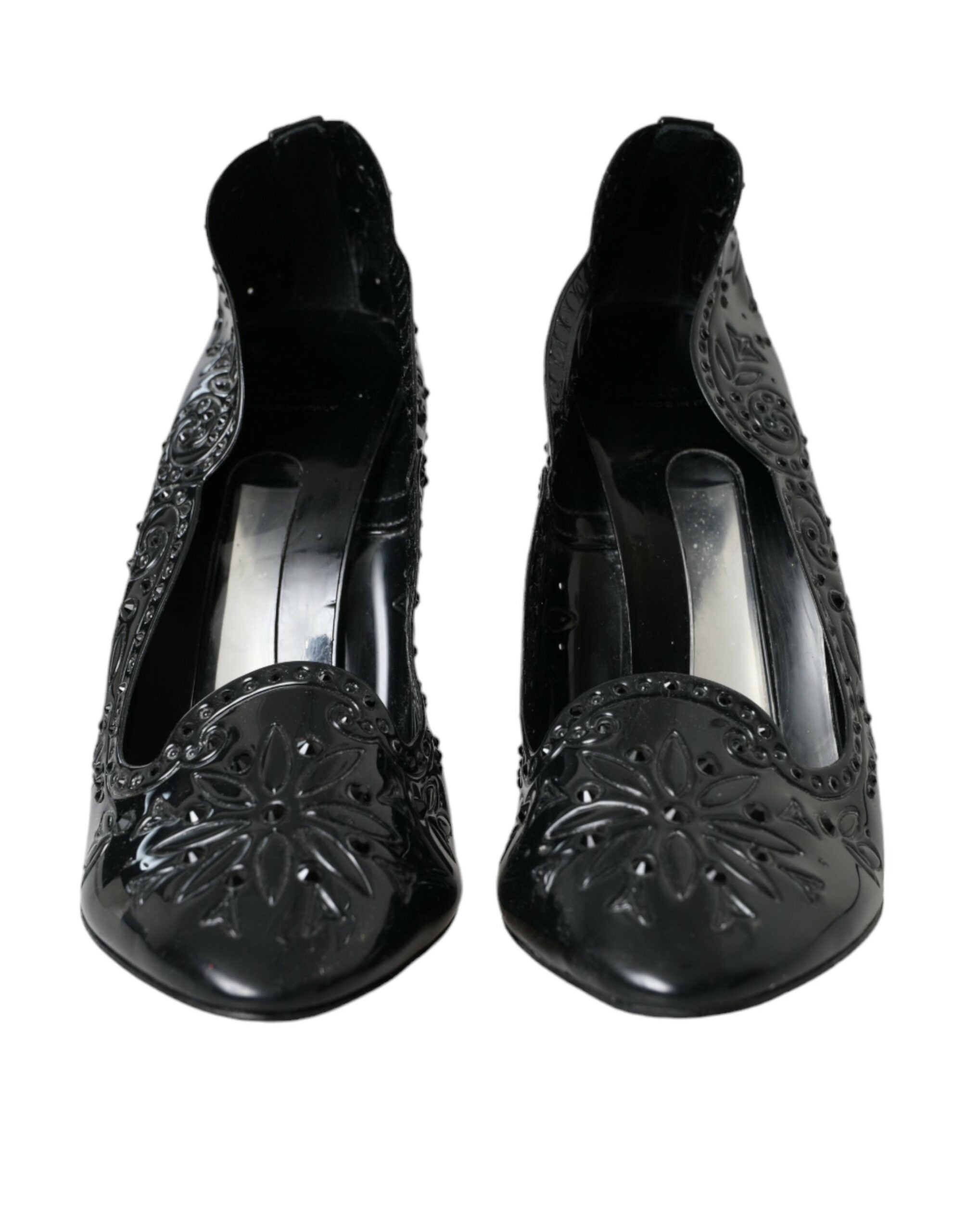 Chaussures à talons noires Dolce & Gabbana Cinderella avec cristaux scintillants, chaussures élégantes en cuir et talons hauts.