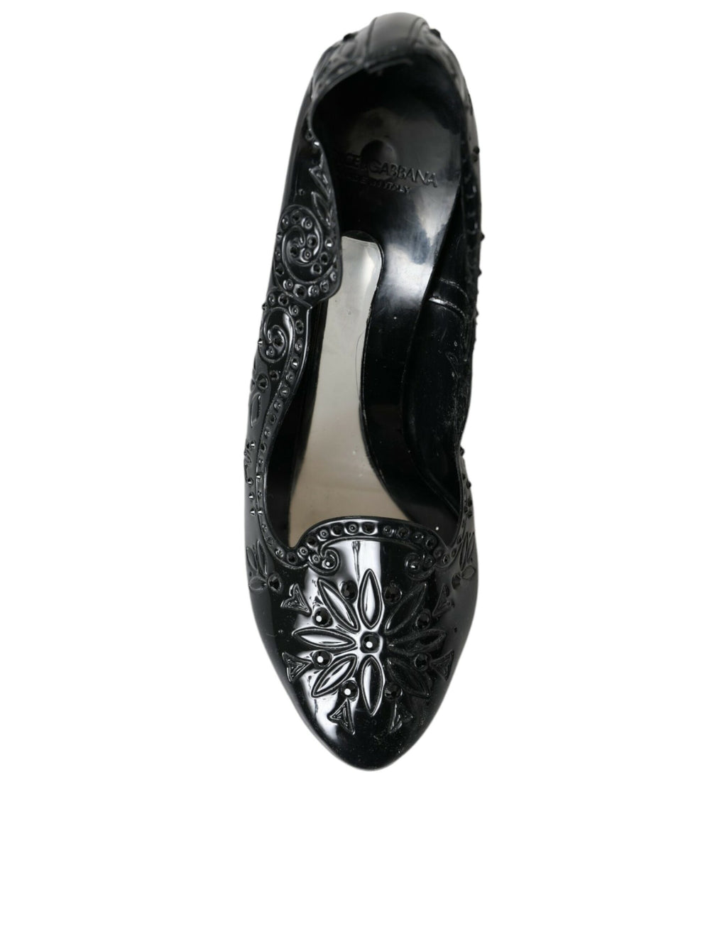 Chaussures à talons noires Dolce & Gabbana CINDERELLA avec cristaux, style élégant et sophistiqué, vues de côté.