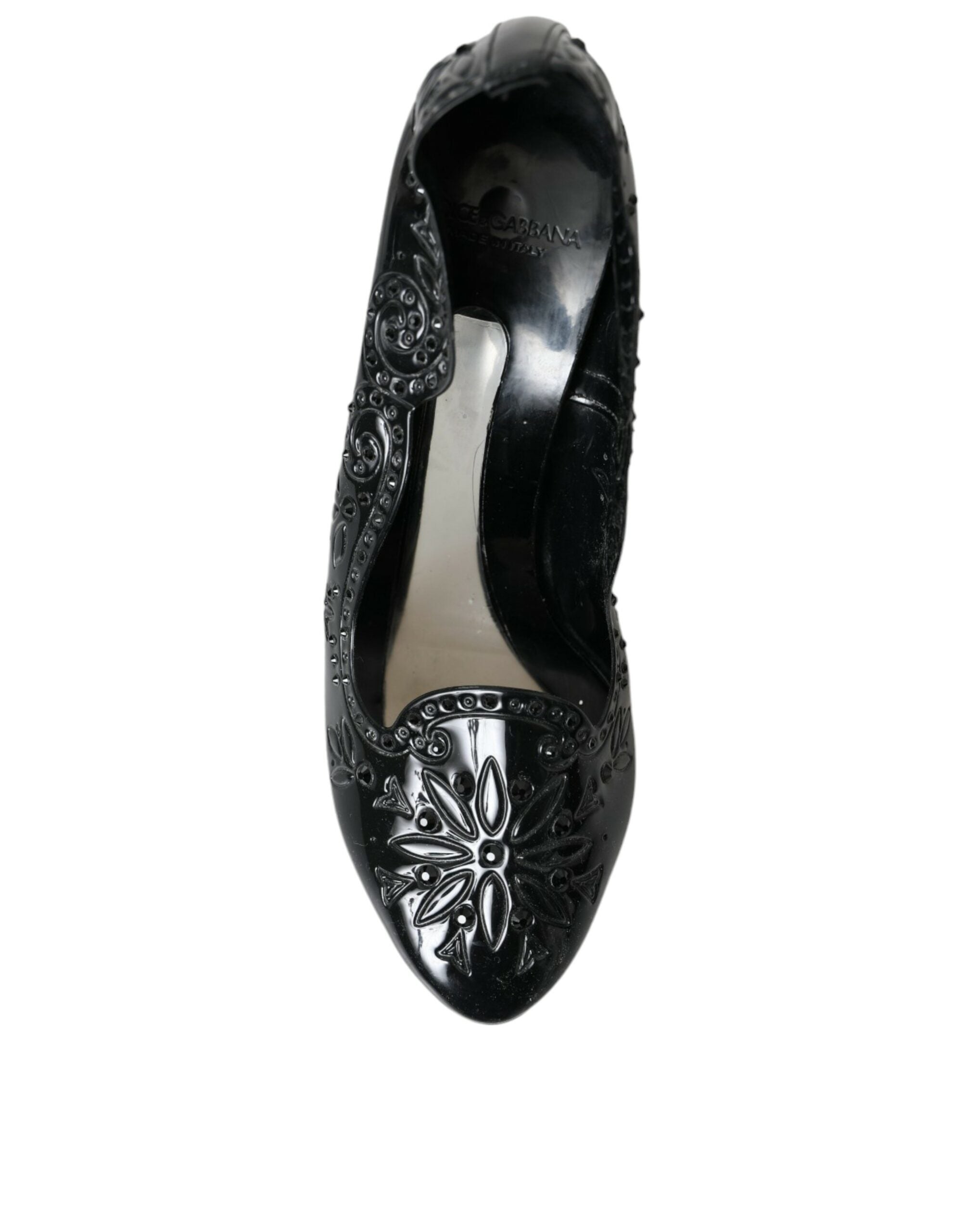 Chaussures à talons noires Dolce & Gabbana CINDERELLA avec cristaux, style élégant et sophistiqué, vues de côté.