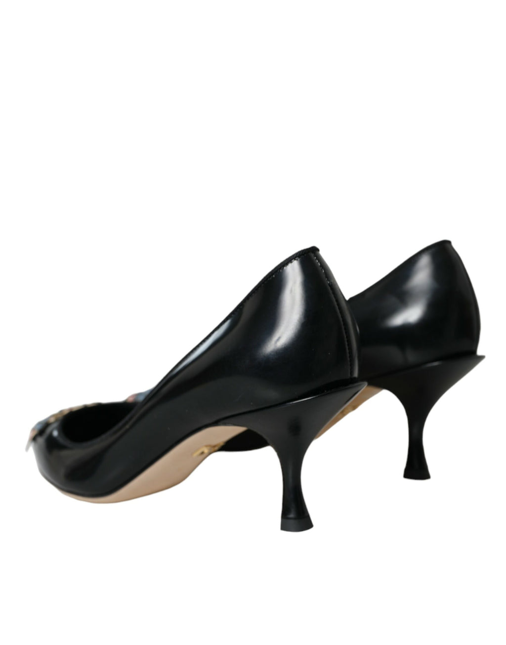 Chaussures à talons Dolce & Gabbana en cuir noir avec patch BOOM, élégantes et sophistiquées, vues de face.
