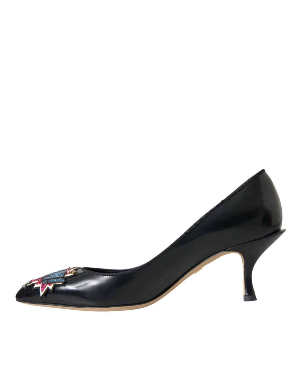 Escarpins noirs en cuir Dolce & Gabbana avec patchs BOOM, talons élégants et design sophistiqué.