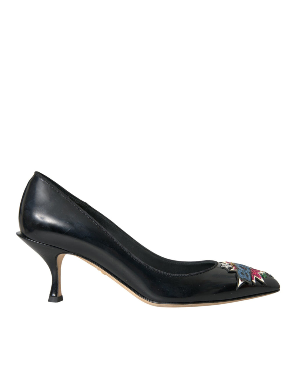 Chaussures à talons noirs Dolce & Gabbana en cuir avec patch Boom, élégantes et tendance.
