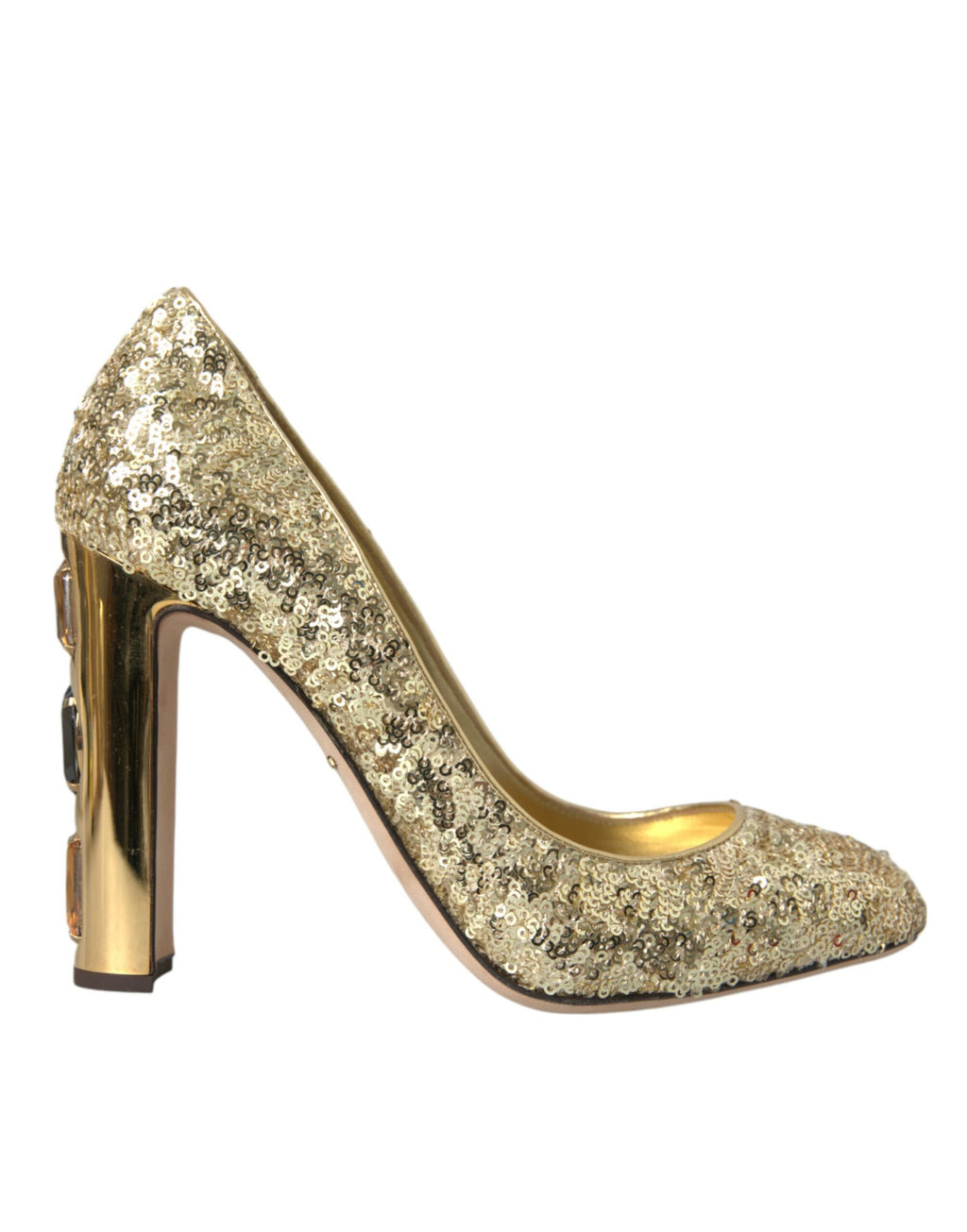 Escarpins dorés Dolce & Gabbana en sequins avec cristaux, chaussures à talons élégantes pour femme.