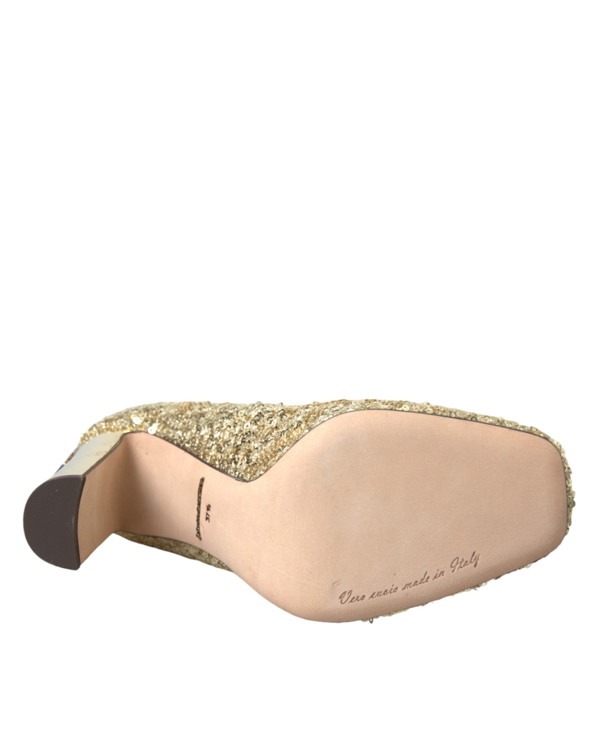 Escarpins dorés Dolce & Gabbana avec sequins et cristaux, chaussures à talons élégantes pour femmes.