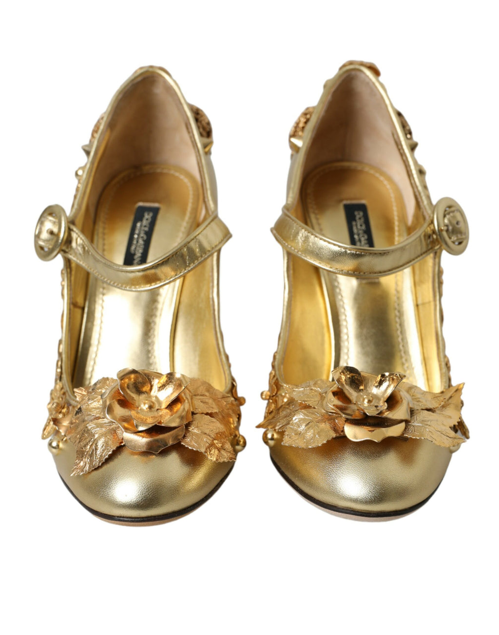 Chaussures Dolce & Gabbana Mary Janes en cuir doré avec cristaux, élégantes et sophistiquées pour femme.