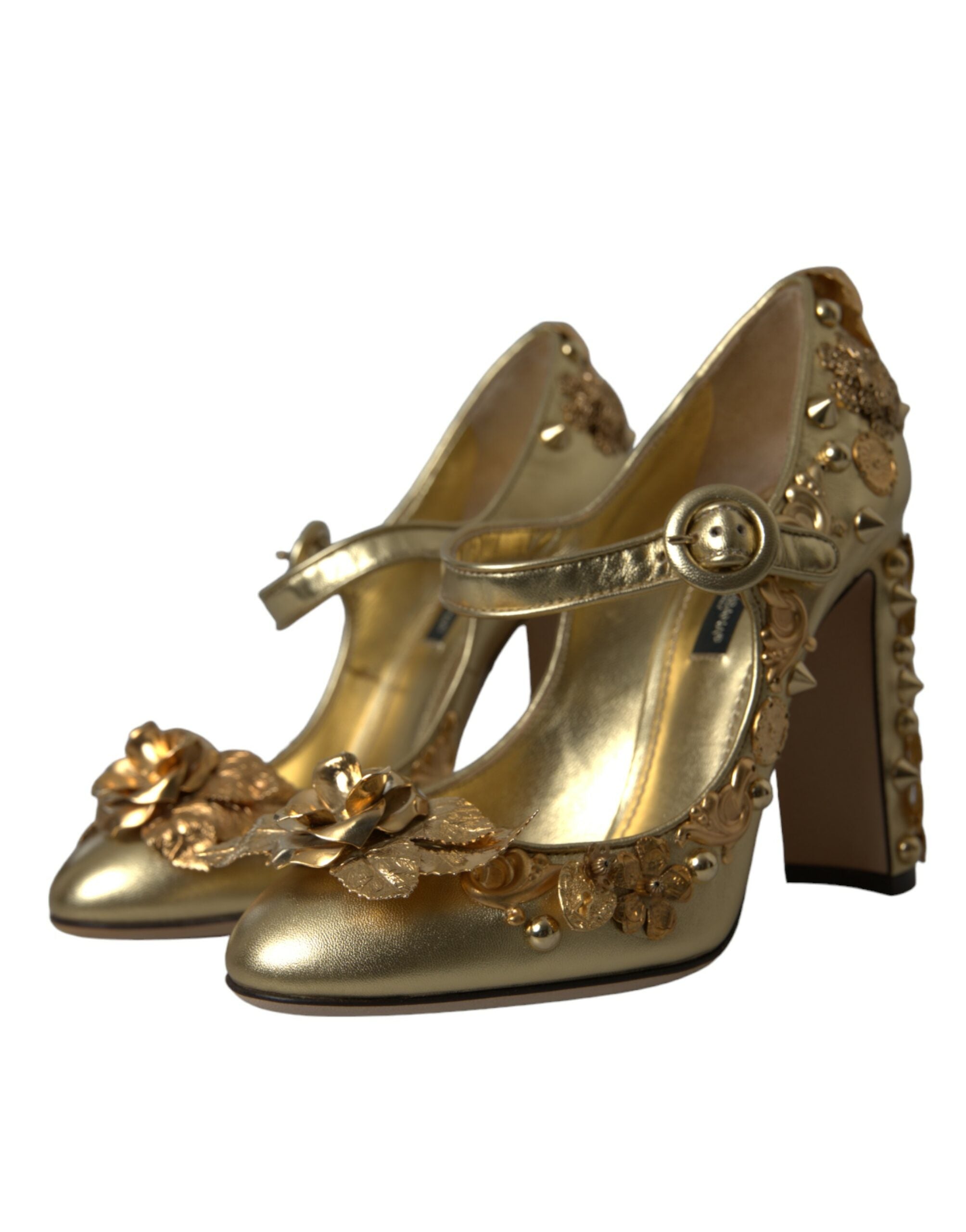 Chaussures à talons Dolce & Gabbana Mary Janes en cuir doré orné de cristaux, élégantes et sophistiquées.