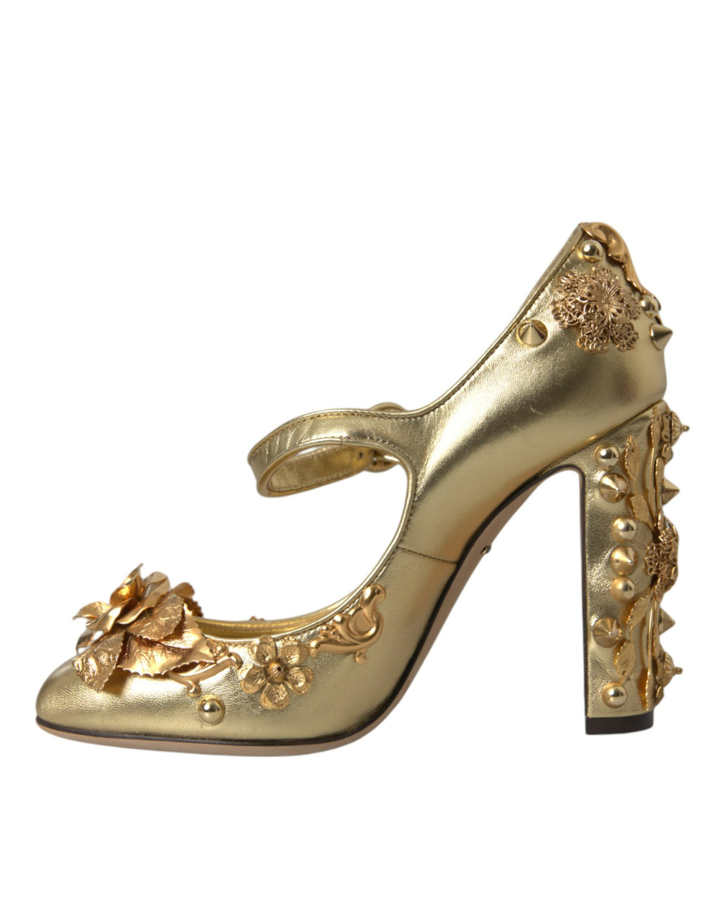 Chaussures à talons Dolce & Gabbana Mary Janes en cuir doré avec cristaux, style élégant et sophistiqué.