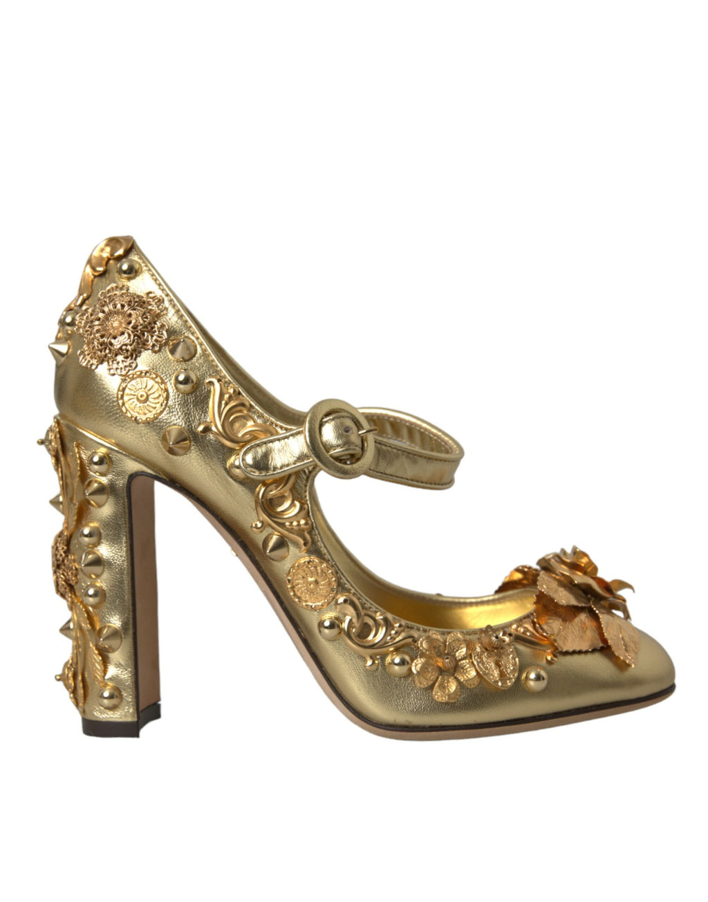 Chaussures Dolce & Gabbana Mary Janes en cuir doré avec cristaux, talons moyens et design élégant.