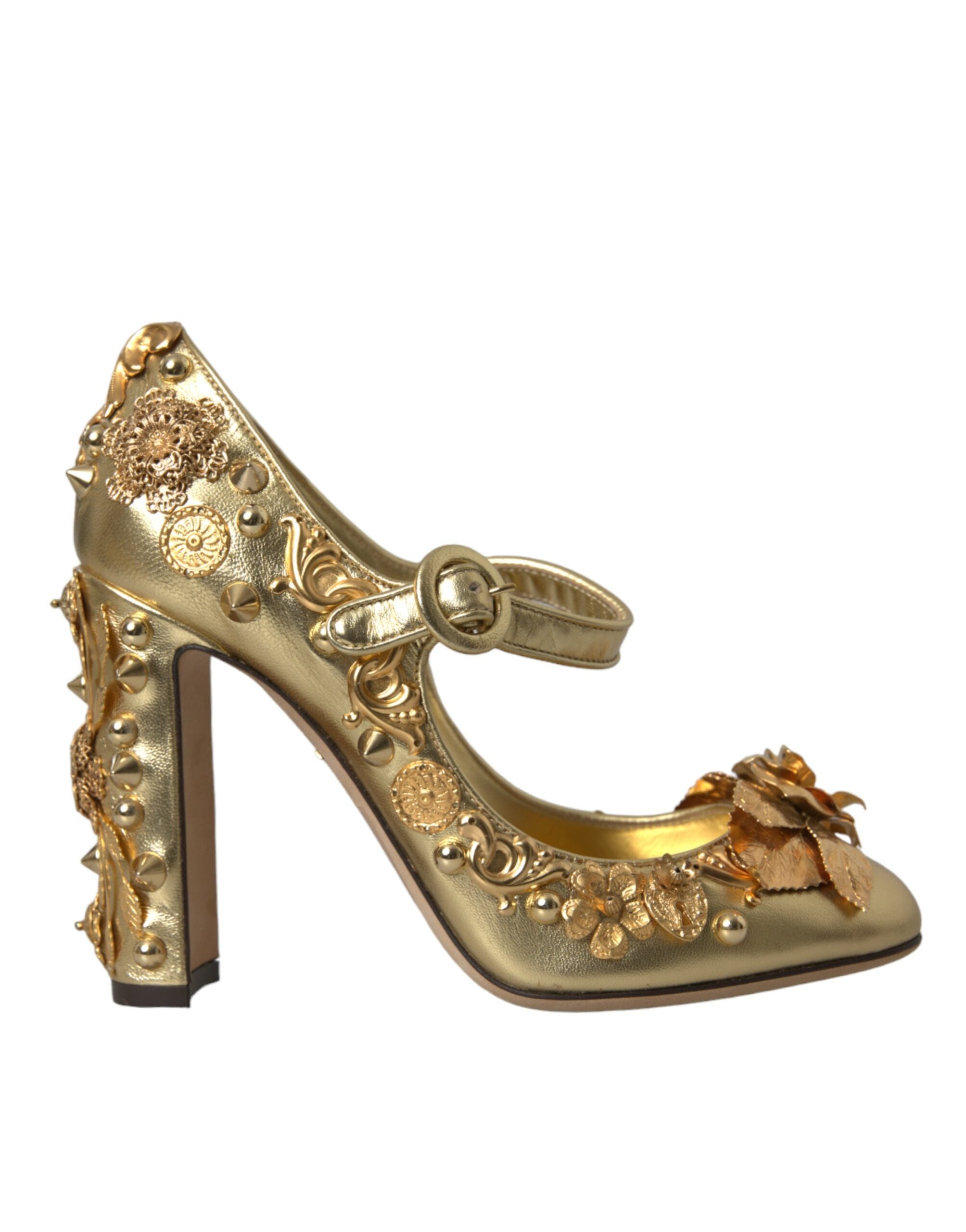 Chaussures Dolce & Gabbana Mary Janes en cuir doré avec cristaux, talons moyens et design élégant.
