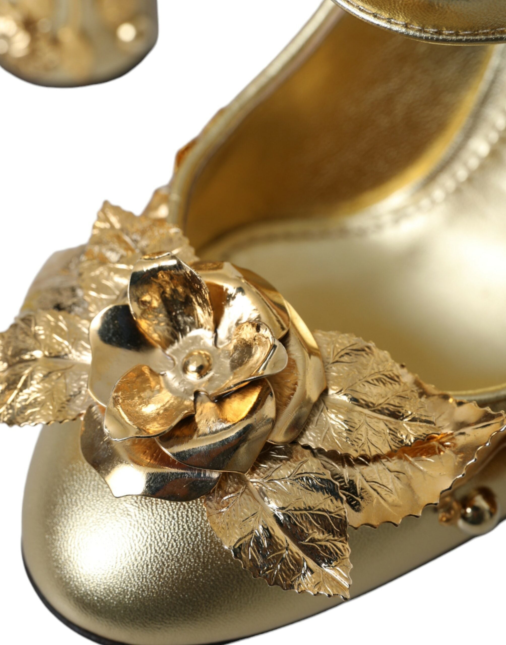 Chaussures Dolce & Gabbana Mary Janes en cuir doré avec cristaux, chaussures à talons élégantes pour femmes.