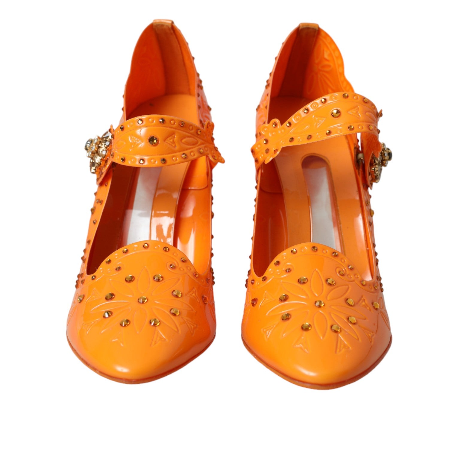 Chaussures à talons Dolce & Gabbana Cinderella Orange avec fleurs en cristal, style élégant et coloré.