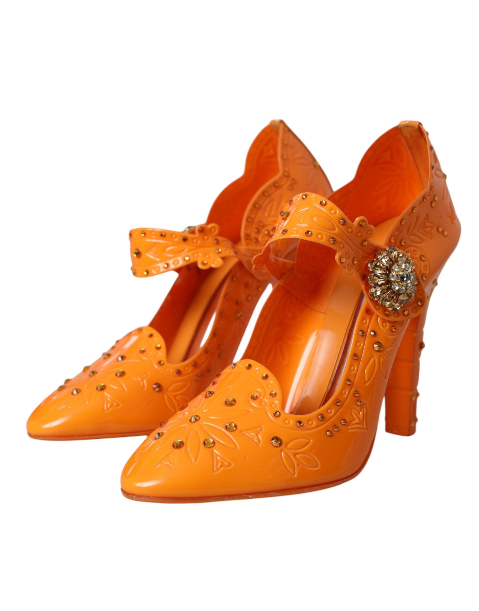 Chaussures à talons Dolce & Gabbana Cinderella Orange avec fleurs en cristal, élégantes et colorées, vues de côté.