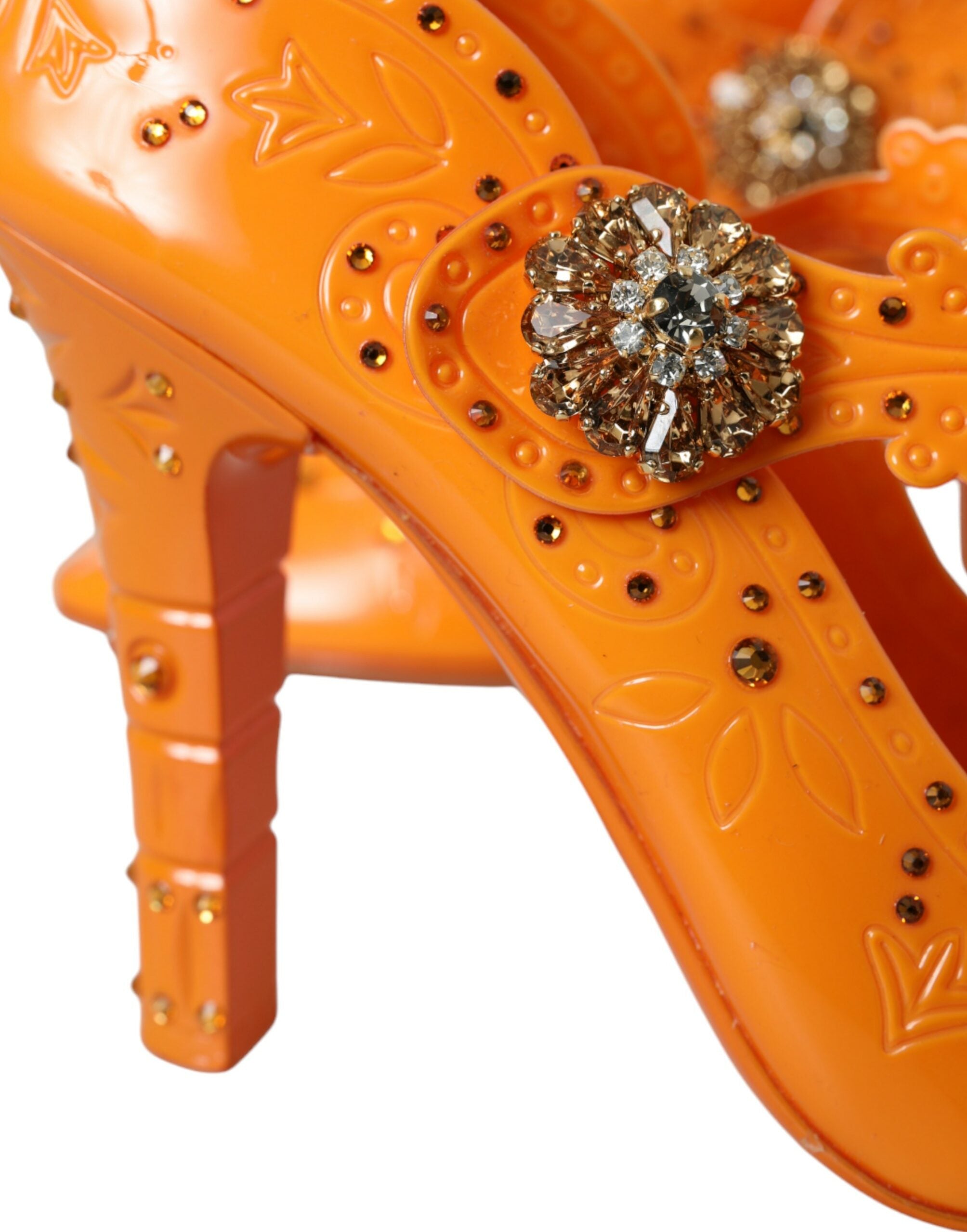 Chaussures Dolce & Gabbana CINDERELLA orange avec fleurs en cristal, talons élégants pour femmes.