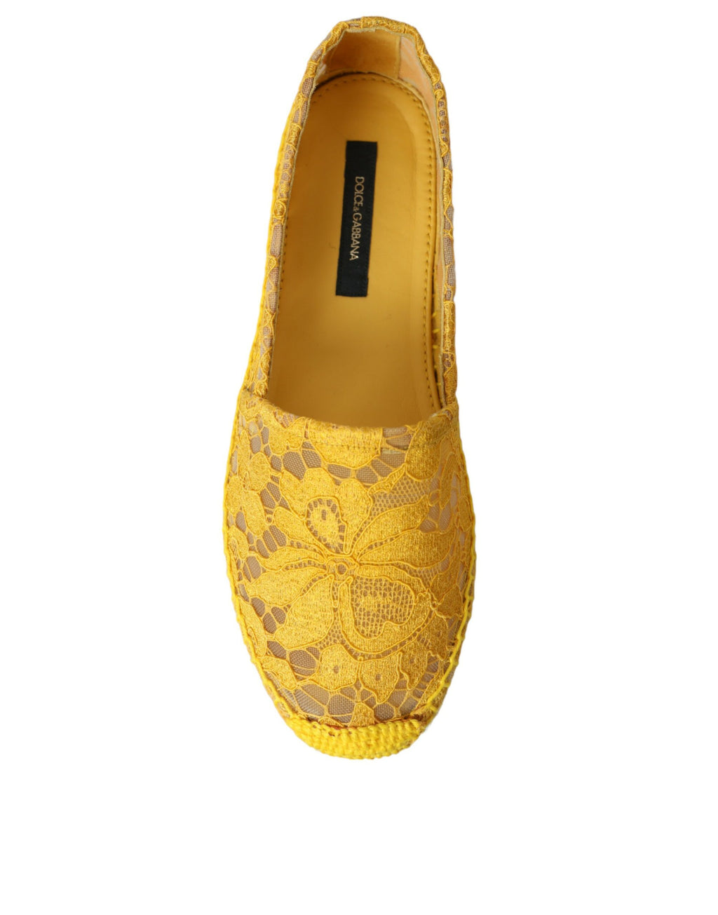 Espadrilles Dolce & Gabbana Taormina en dentelle jaune, chaussures plates de style mocassin avec semelle en corde.