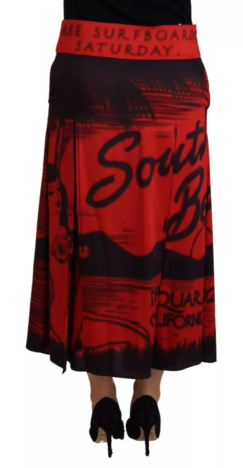 Jupe midi plissée à taille haute rouge imprimée de Dsquared², silhouette en forme d'A, tissu léger et élégant.
