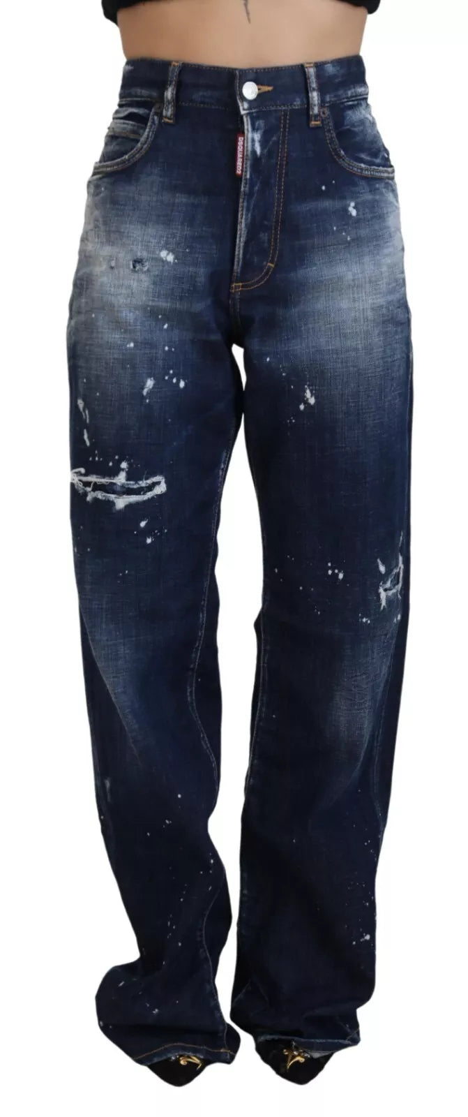 Jeans en denim bleu déchiré taille haute Dsquared² San Diego, coupe tendance et détails usés visibles sur l'image.