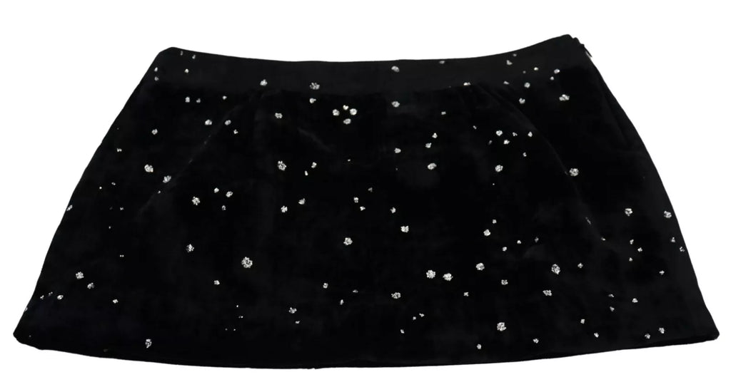 Jupe courte noire à taille moyenne avec embellissements de la marque Dsquared², coupe évasée en forme de A.
