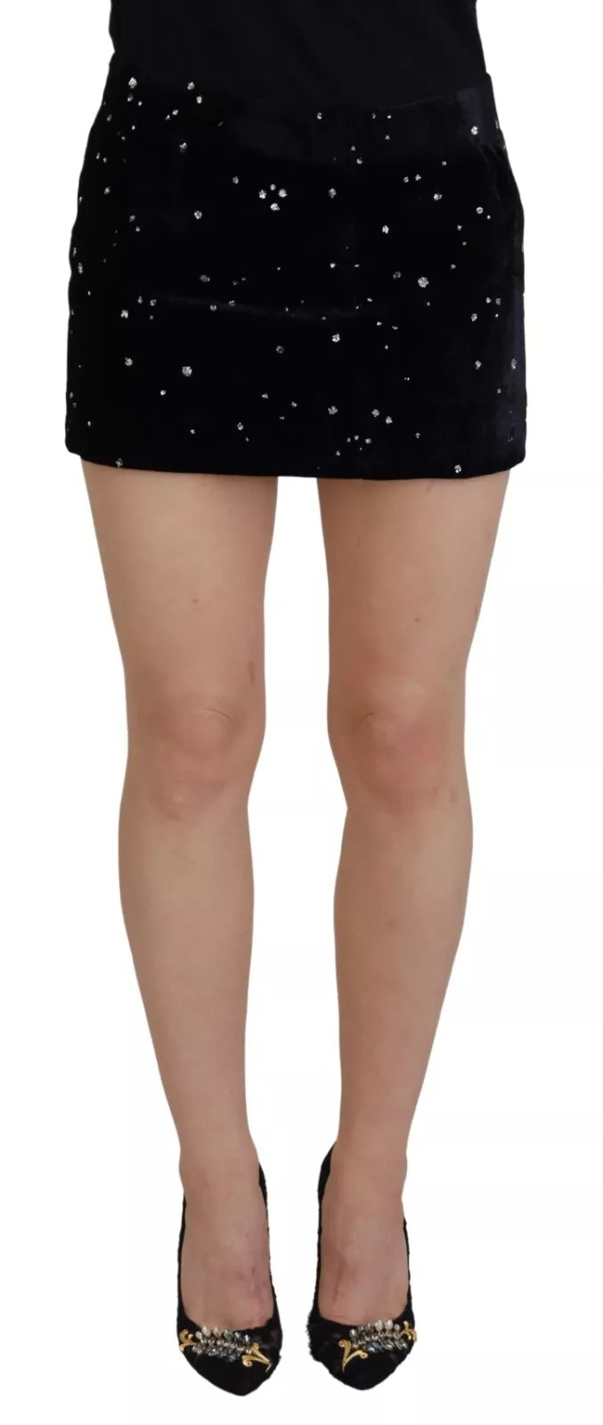 Jupe courte noire à taille moyenne avec embellissements, de la marque Dsquared², modèle en ligne A.