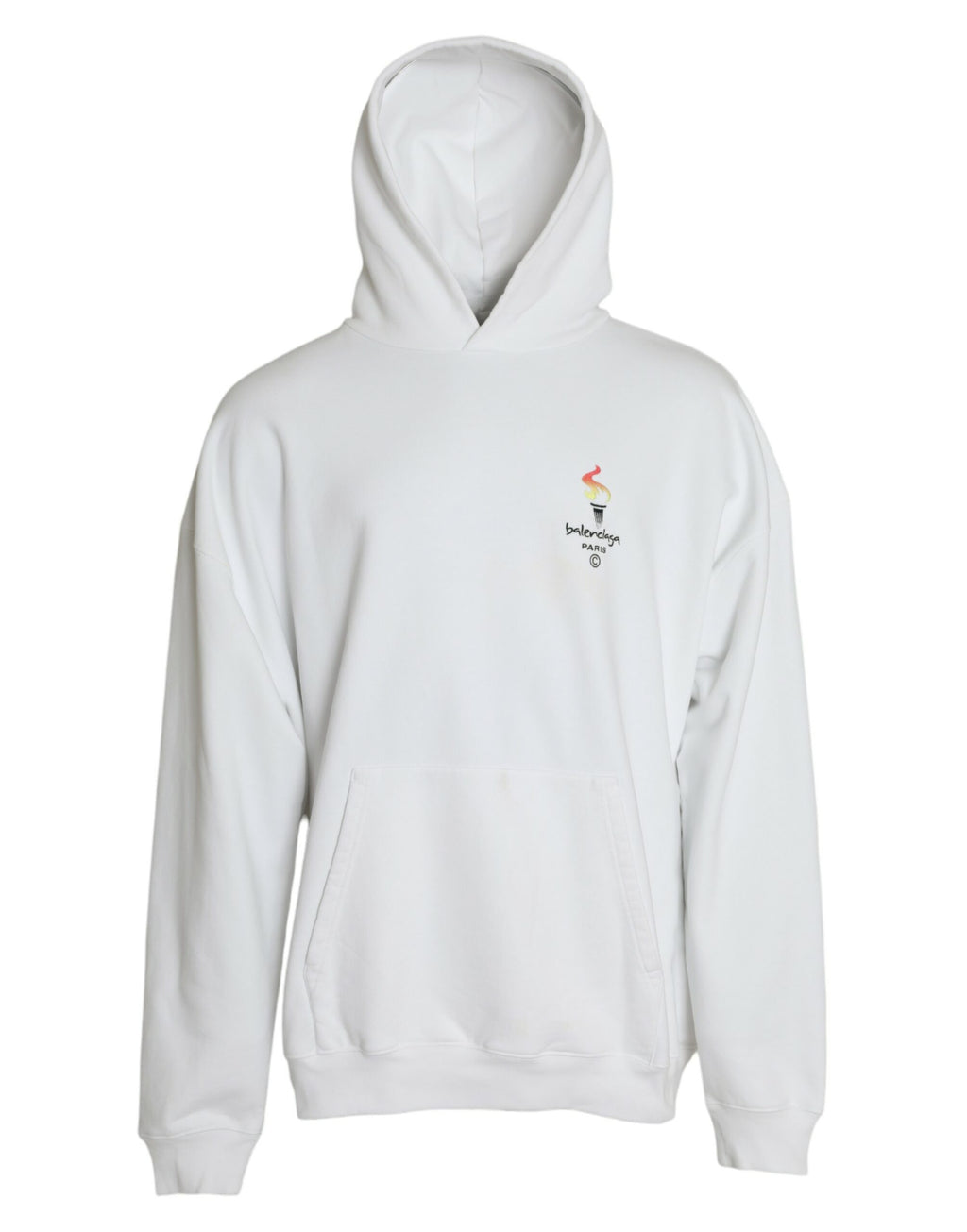 Sweat à capuche blanc en coton Balenciaga avec logo, pull-over décontracté et confortable, vue de face.