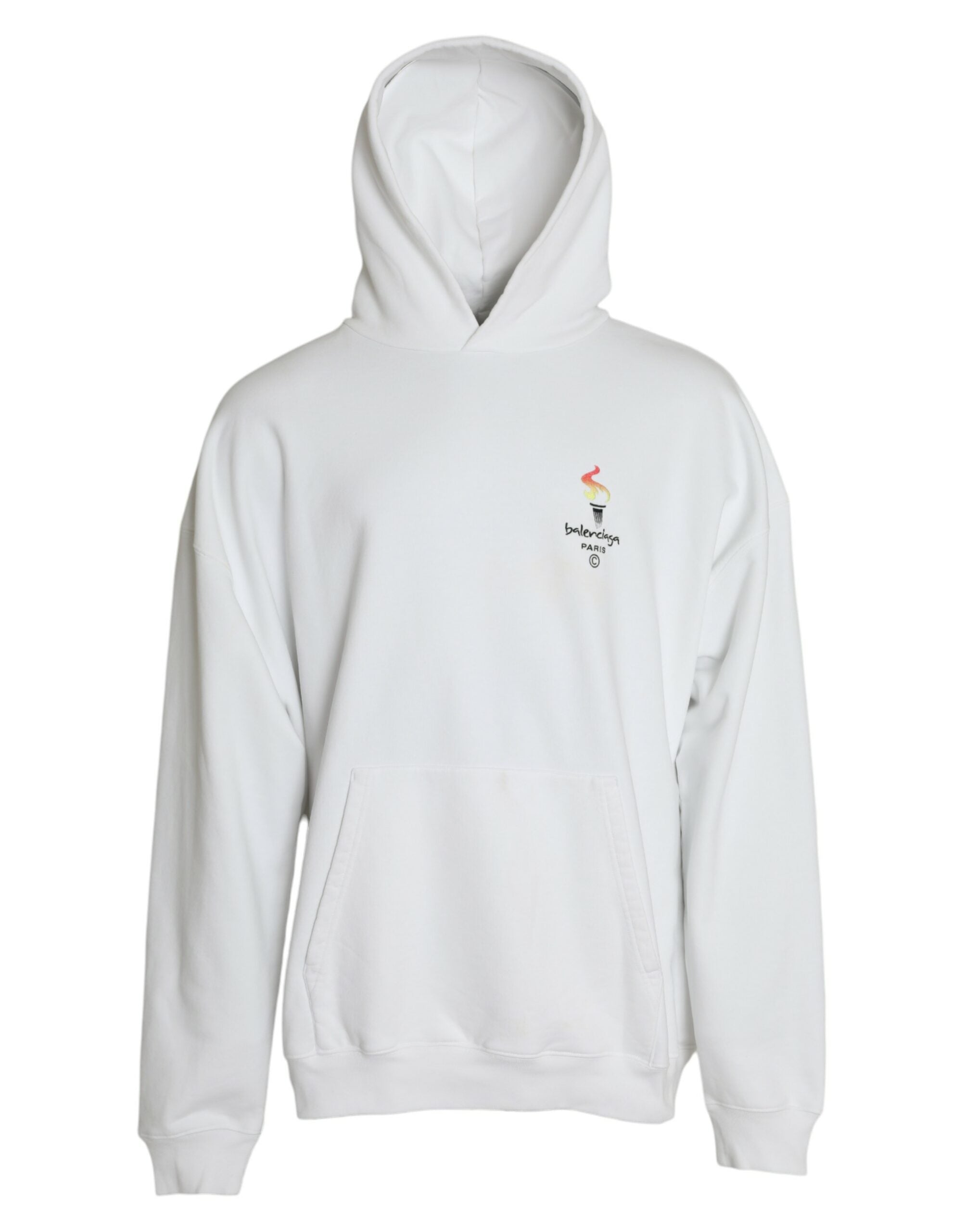 Sweat à capuche blanc Balenciaga en coton avec logo, pull-over décontracté et confortable, porté sur un mannequin.