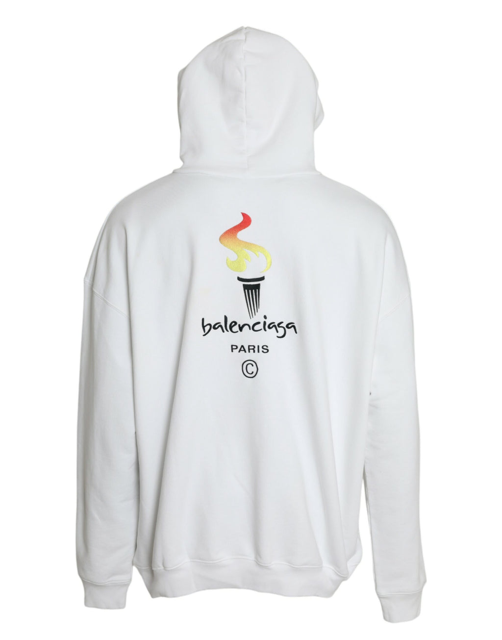 Sweat à capuche blanc en coton Balenciaga avec logo, pull-over décontracté, visible sur l'image.