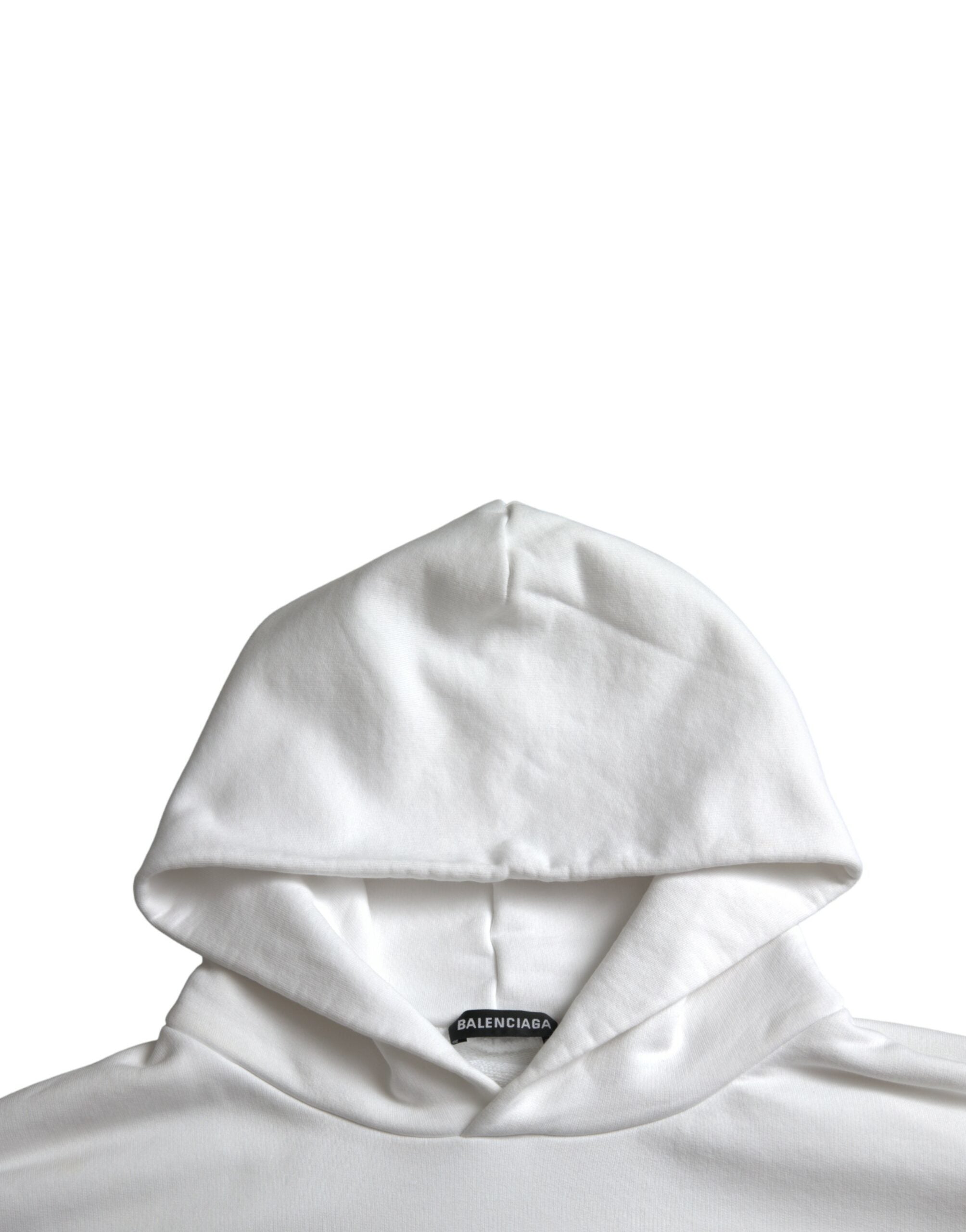 Sweat à capuche blanc en coton Balenciaga avec logo, pull-over décontracté et confortable, image montrant le devant du vêtement.