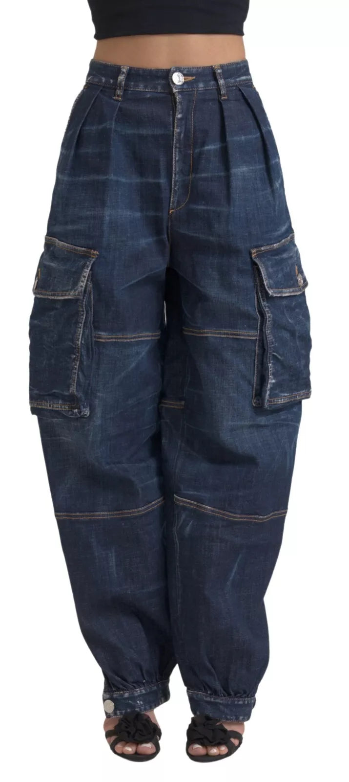 Jeans cargo en denim bleu taille haute de Dsquared², coupe baggy, en coton avec détails de poche.