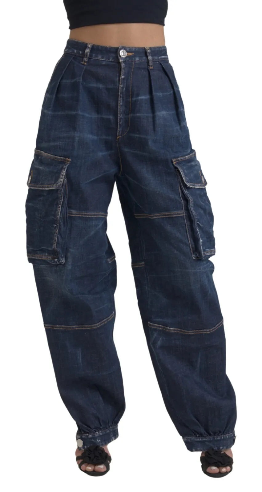 Jeans cargo en jean bleu à taille haute de Dsquared², coupe baggy, en coton avec détails décontractés.