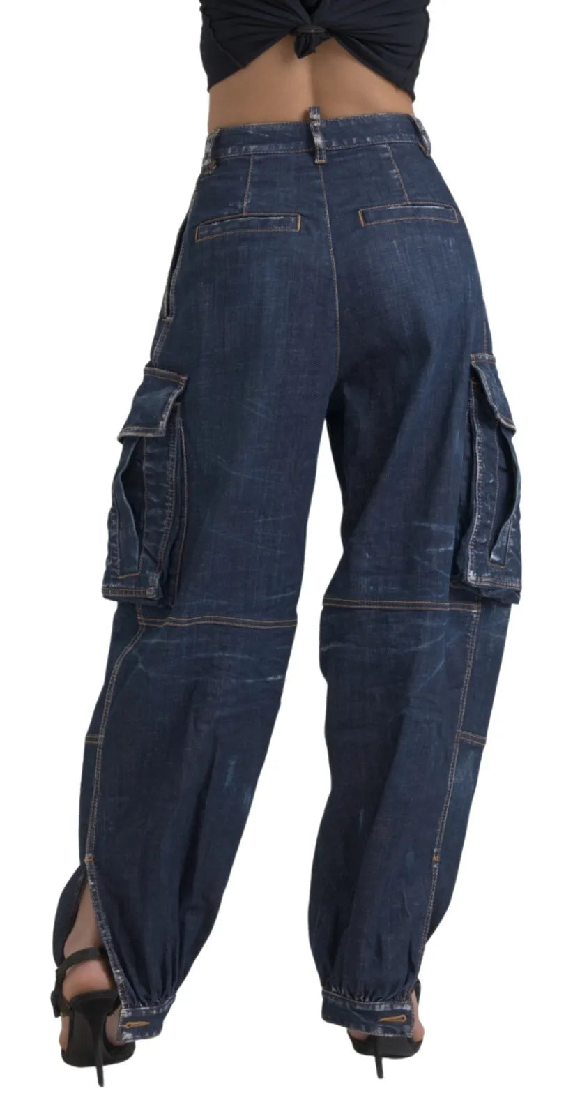Jeans en denim bleu à taille haute et coupe cargo ample de Dsquared², en coton avec détails décontractés.